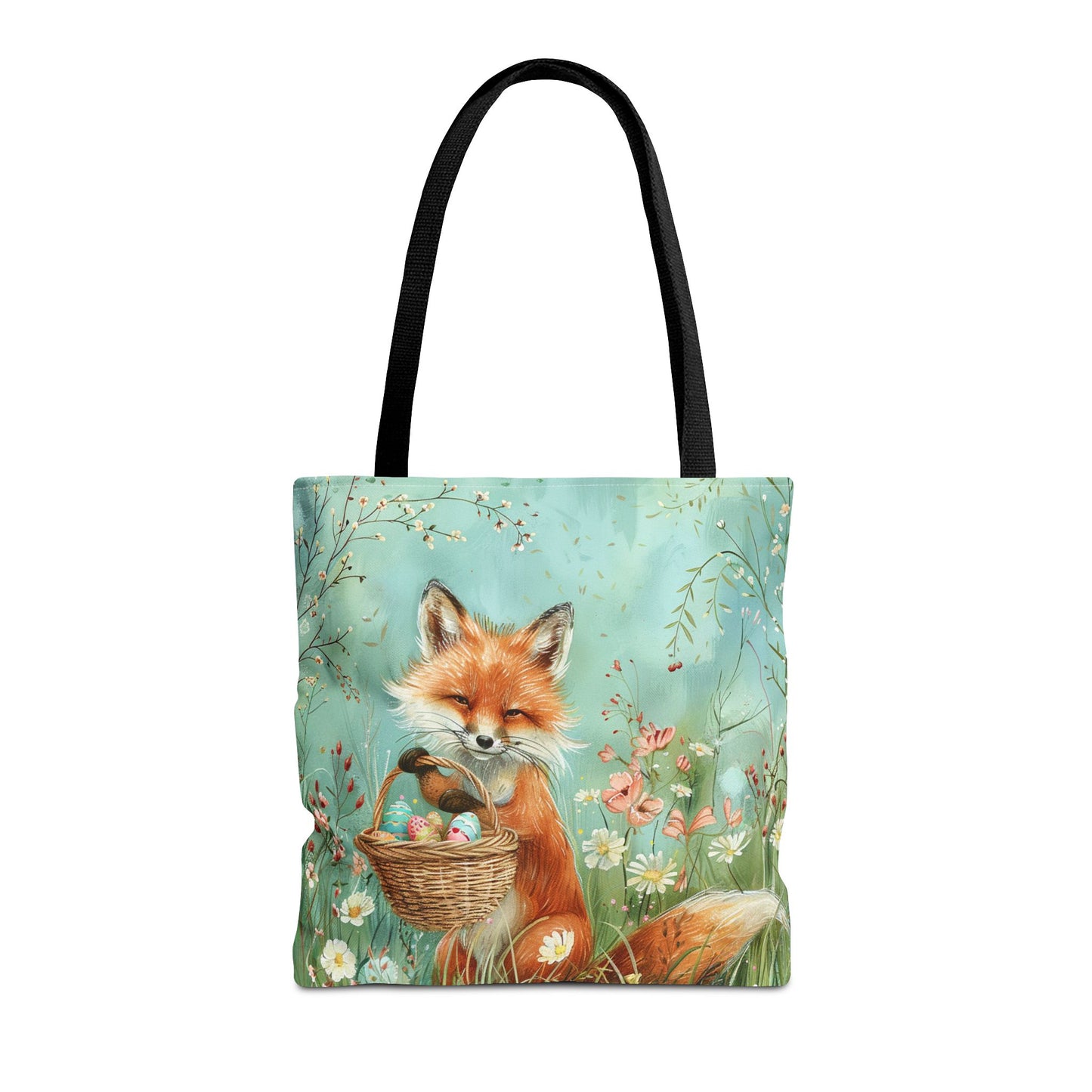 Fox-Inspired Easter Tote Bag with Basket and Floral Meadow Scene