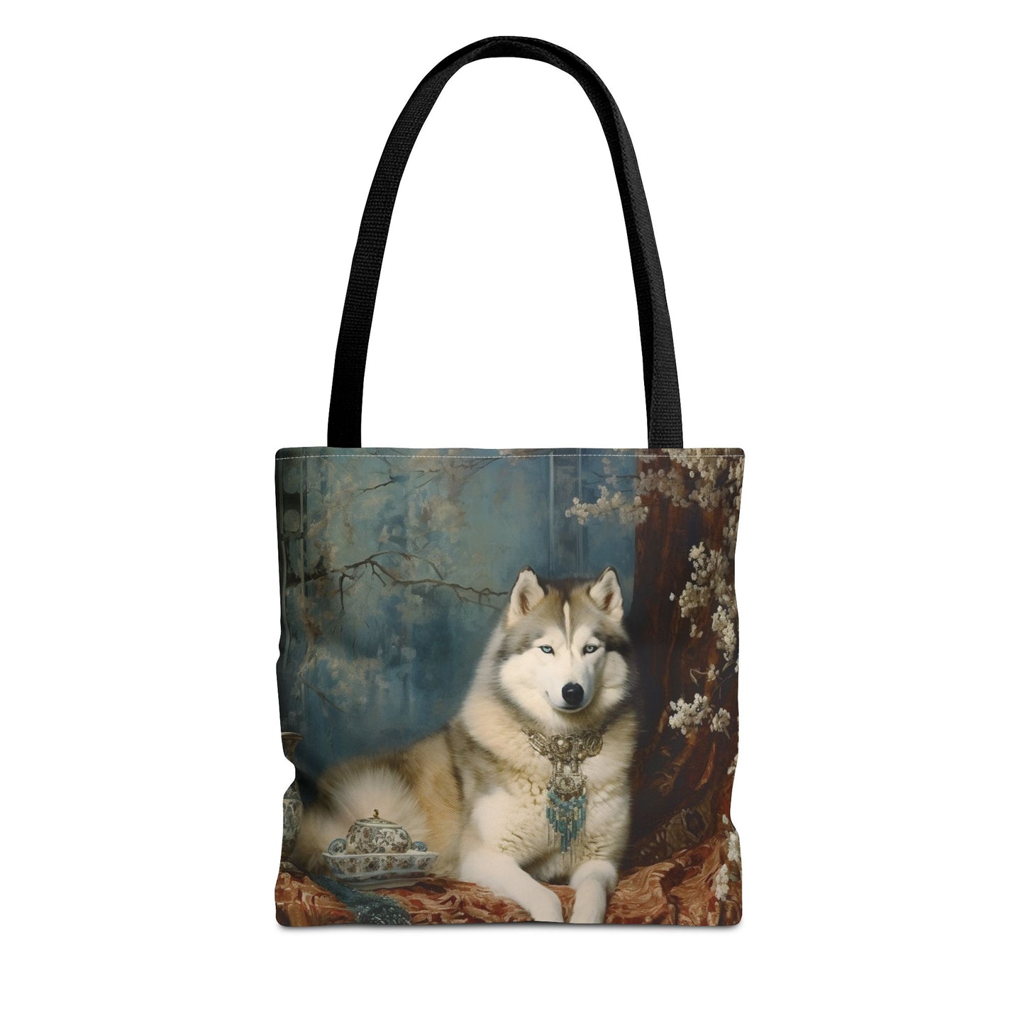 Siberian Husky Elegance Tote Bag, Vintage Floral Shopping Canvas