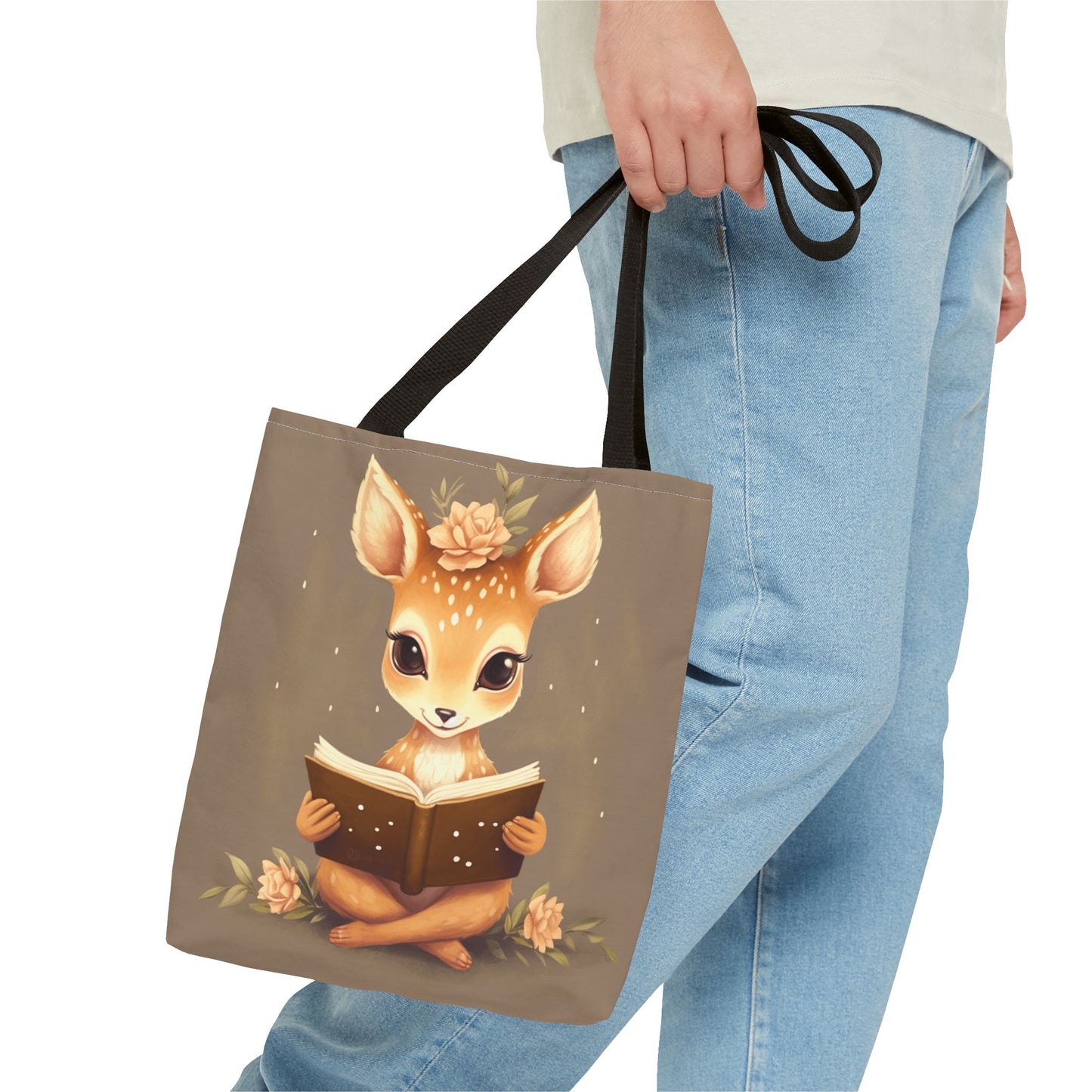 Whimsical Fawn Reader Canvas Tote Bag, Eco-Friendly Book Lover Gift