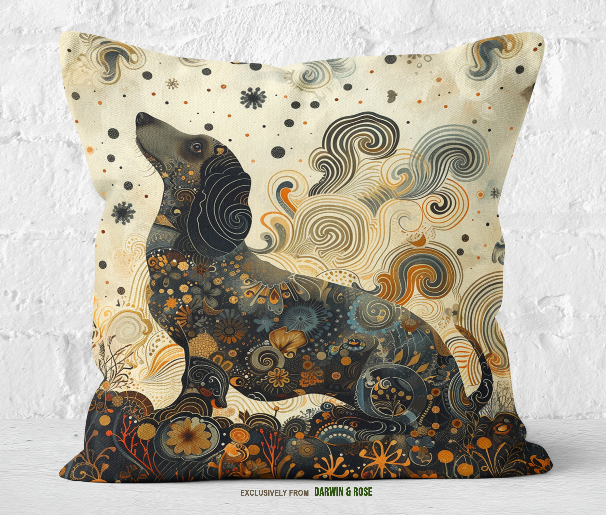 Whimsical Dachshund Art Throw Pillow - Boho Floral Design