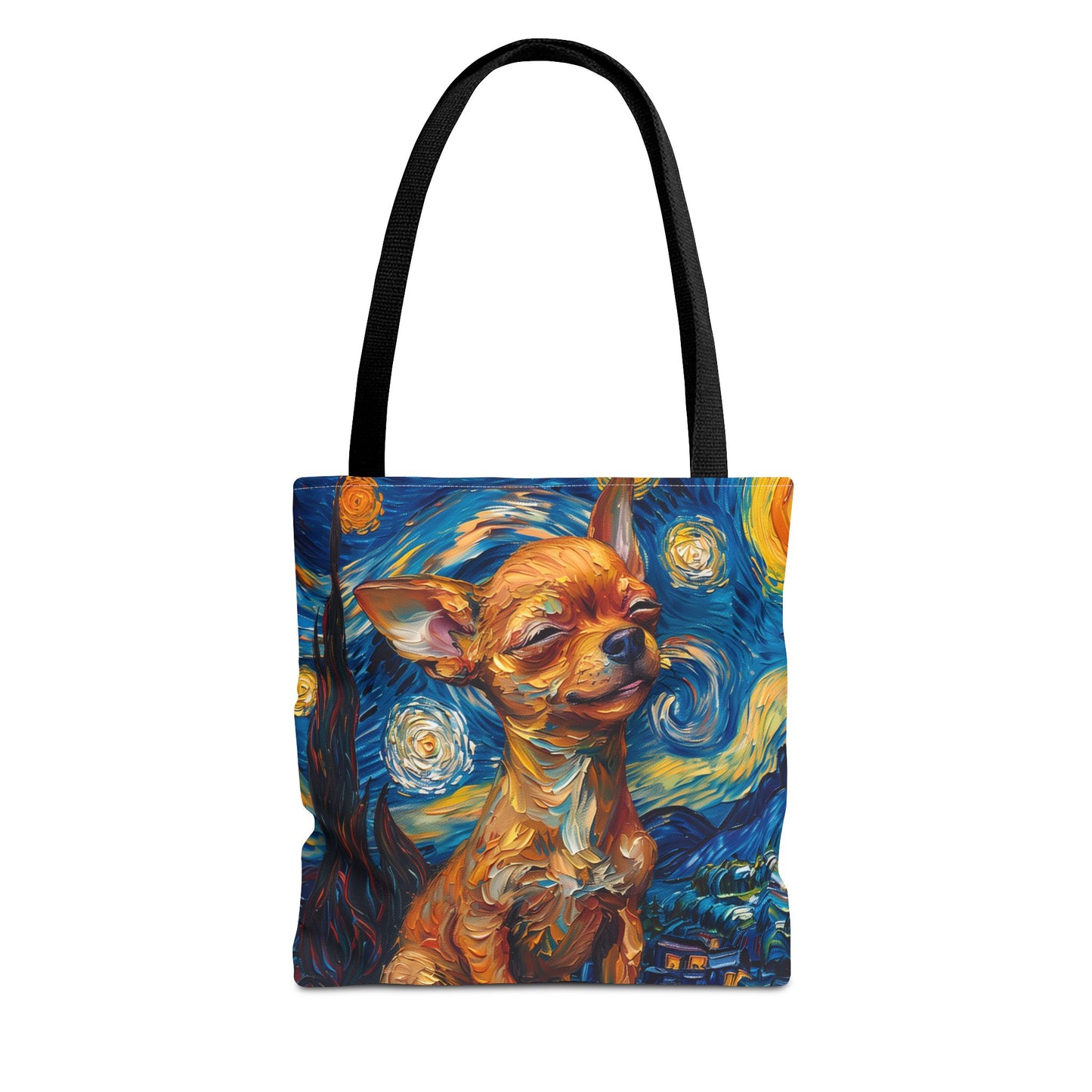 Starry Chihuahua Canvas Tote Bag, Van Gogh-Inspired Art Design