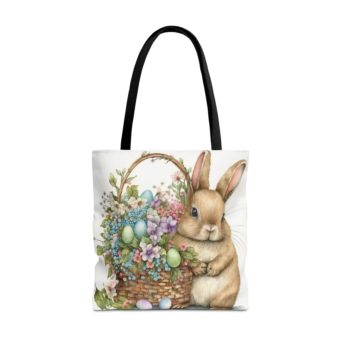 Charming Bunny Easter Tote Bag with Flowers and Painted Eggs