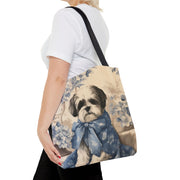 Elegant Shih Tzu Floral Tote Bag with Blue Bow for Dog Lovers