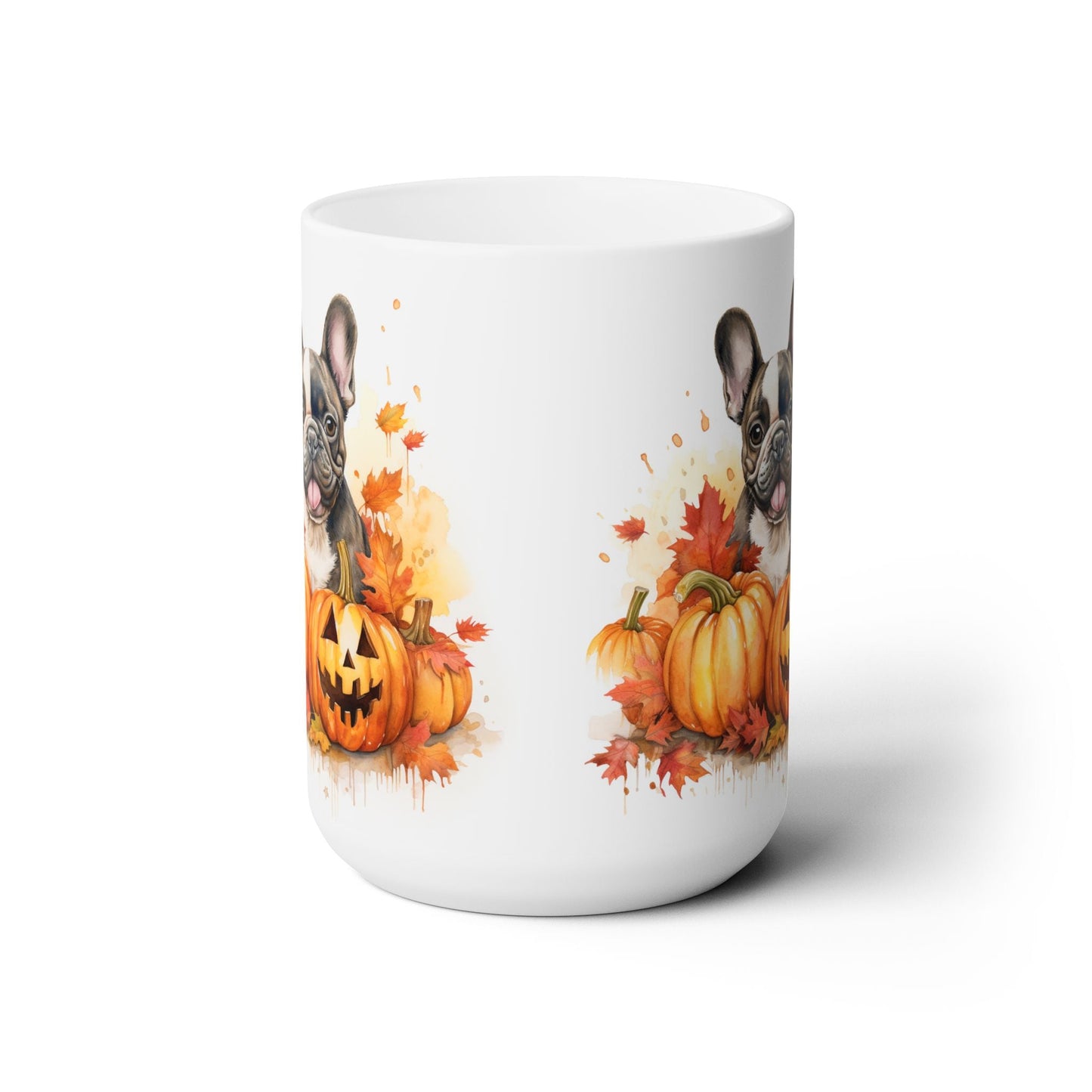 Frenchie Halloween Mug with Pumpkins and Fall Leaves