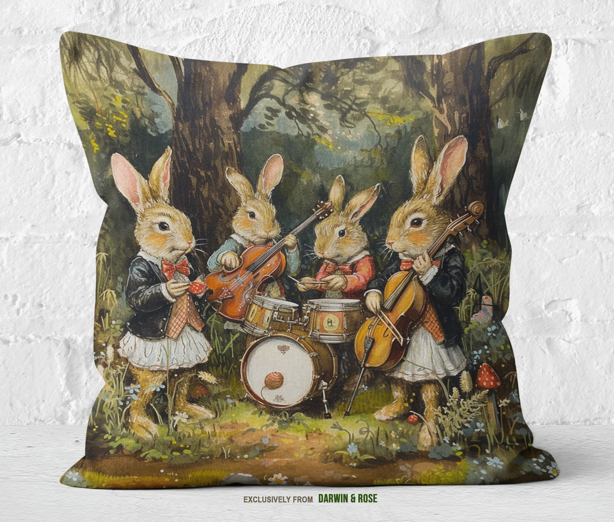Woodland Easter Bunny Band Throw Pillow - Whimsical Farmhouse Style