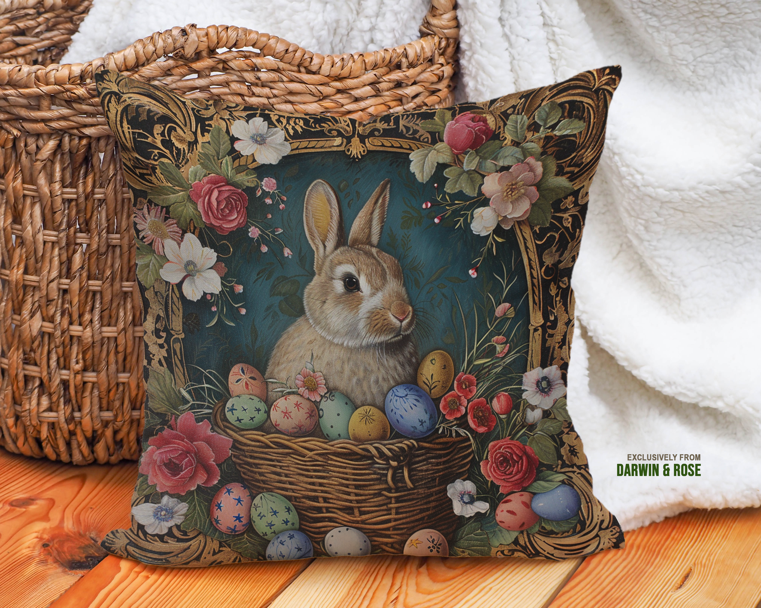 Easter Bunny Floral Basket Throw Pillow – Vintage Farmhouse Style
