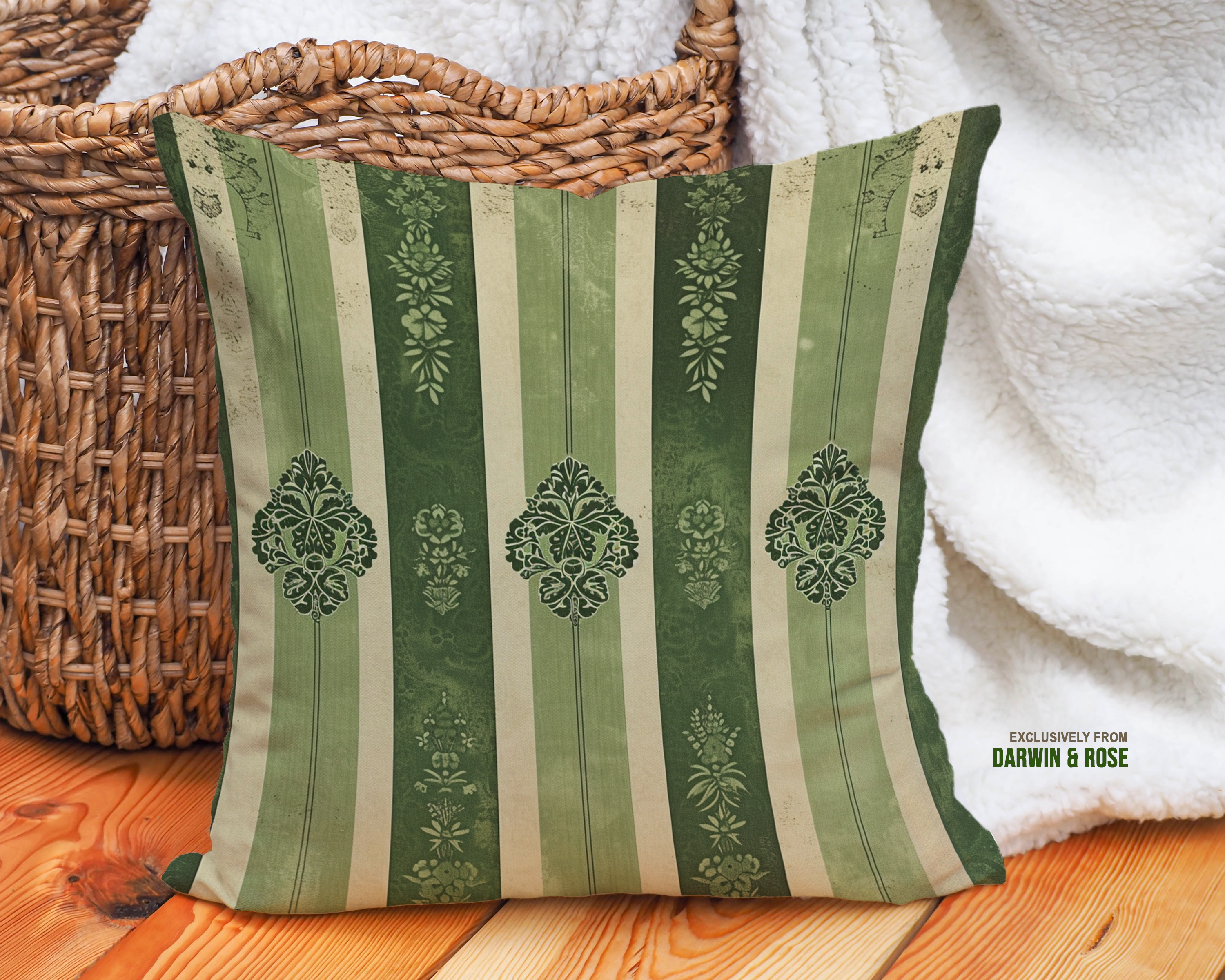 Vintage Green Striped Damask Throw Pillow - Classic Farmhouse Style