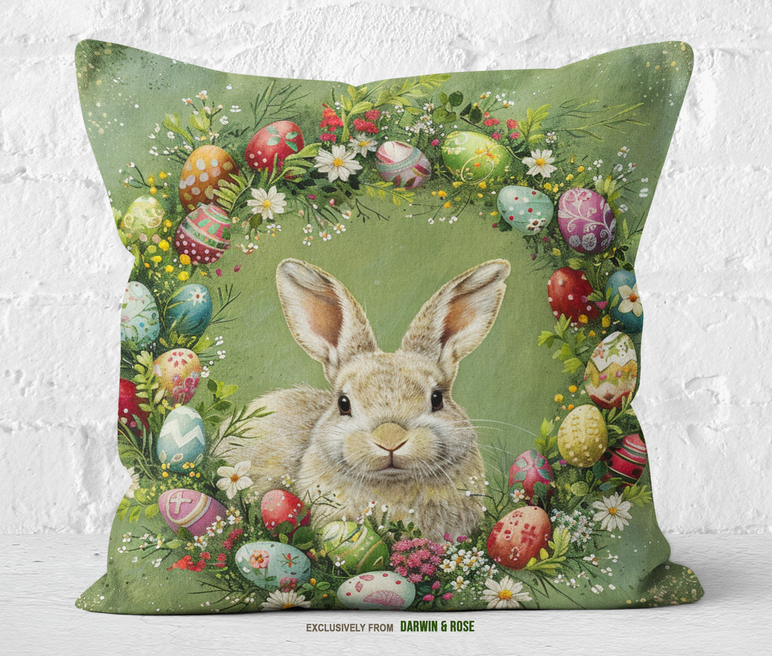Easter Bunny Wreath Pillow – Rustic Spring Farmhouse Décor
