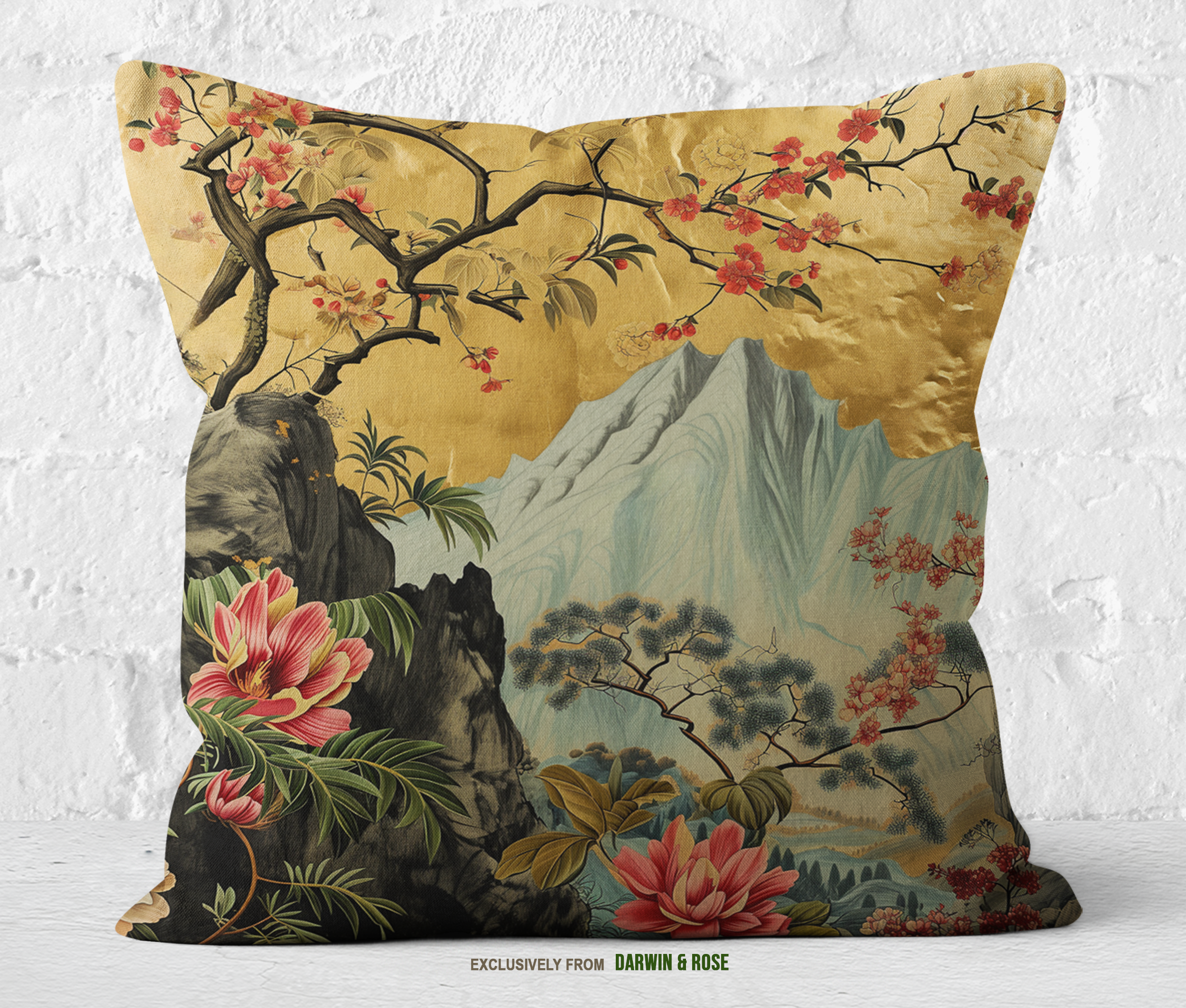 Golden Serenity Throw Pillow – Asian-Inspired Floral Design