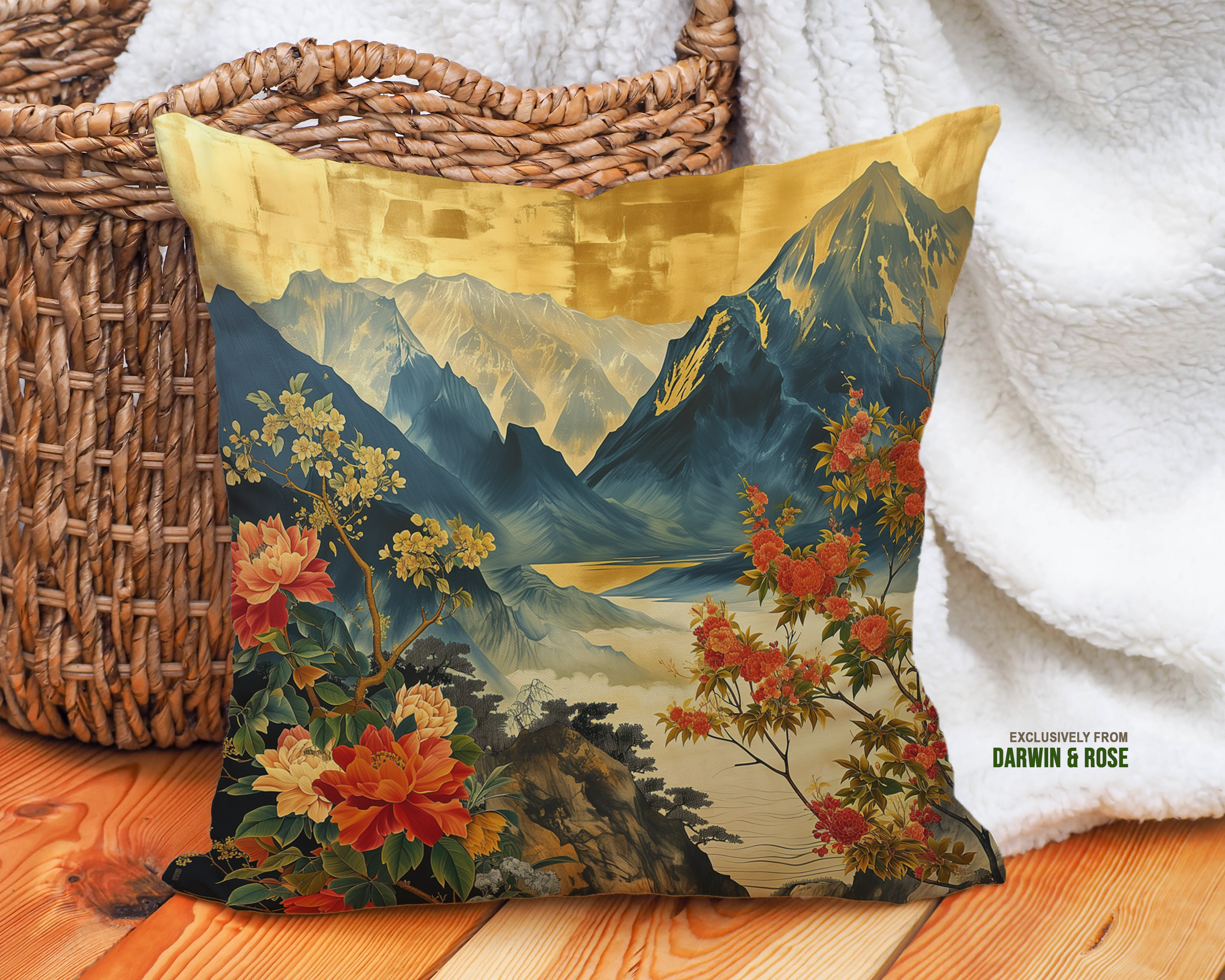 Golden Peaks and Blossoms Throw Pillow – Asian-Inspired Elegance