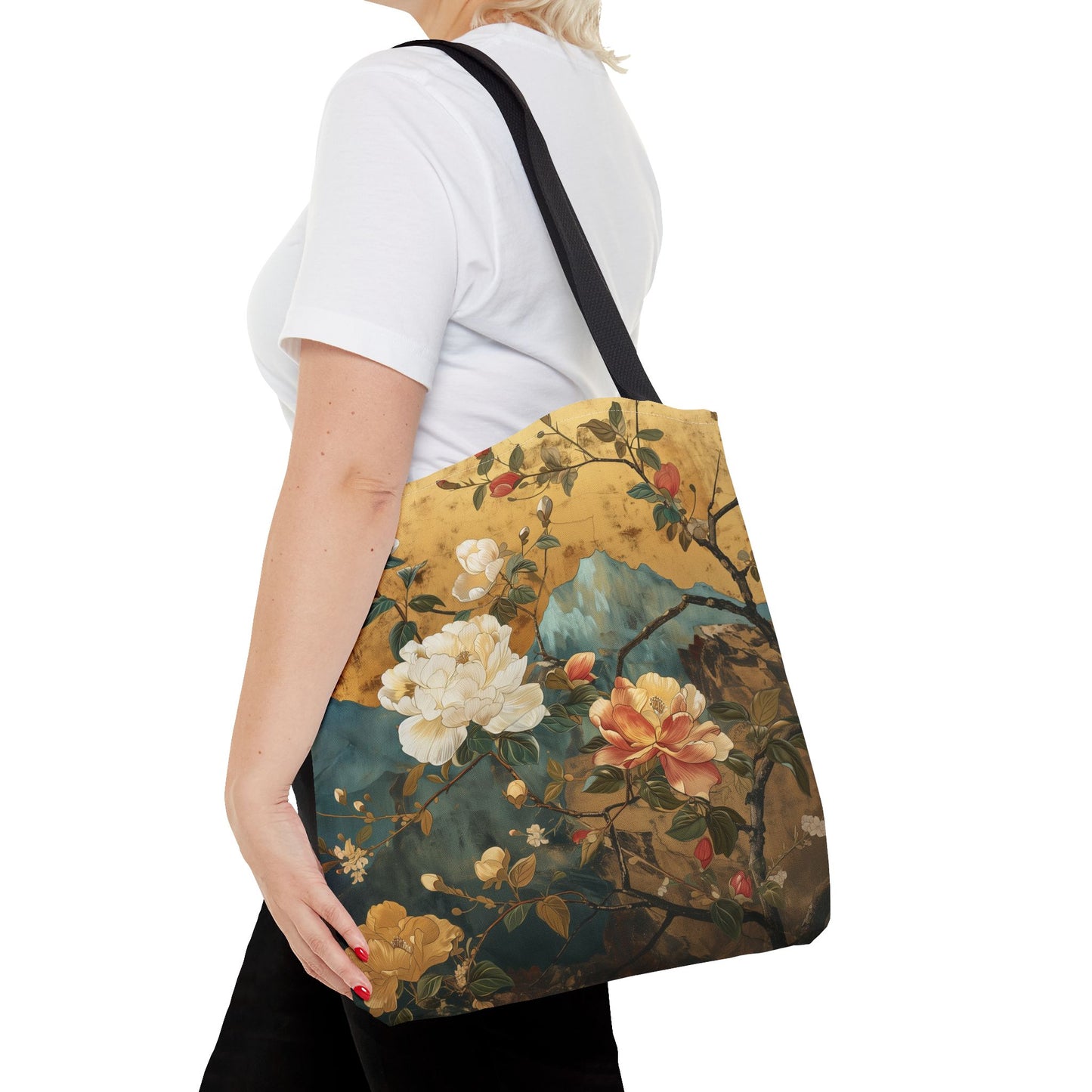 Golden Blossom Canvas Tote Bag - Elegant Floral Eco-Friendly Design