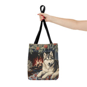 Siberian Husky Holiday Fireside Tote, Cozy Winter Canvas Bag