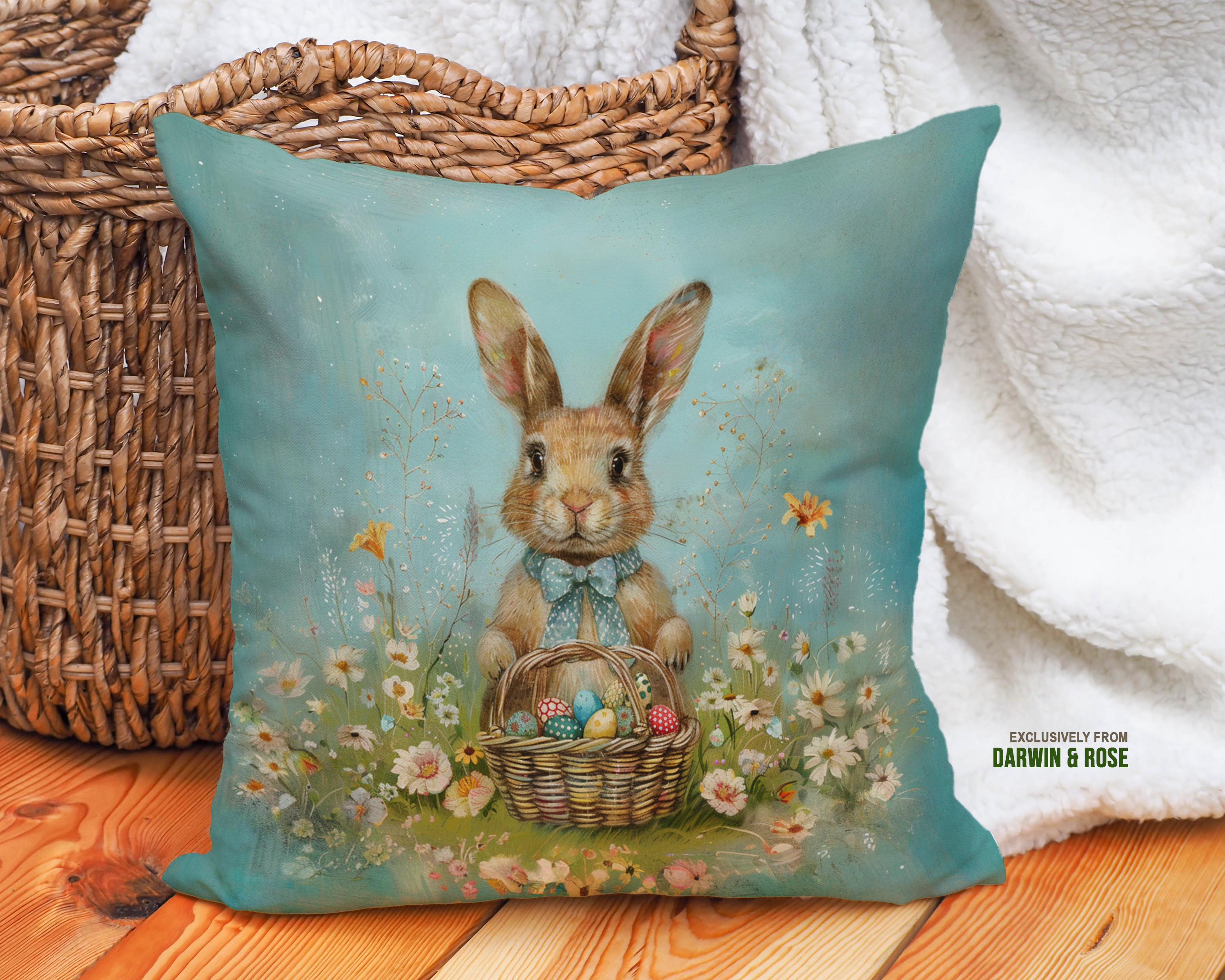 Easter Bunny Meadow Throw Pillow – Whimsical Spring Decor