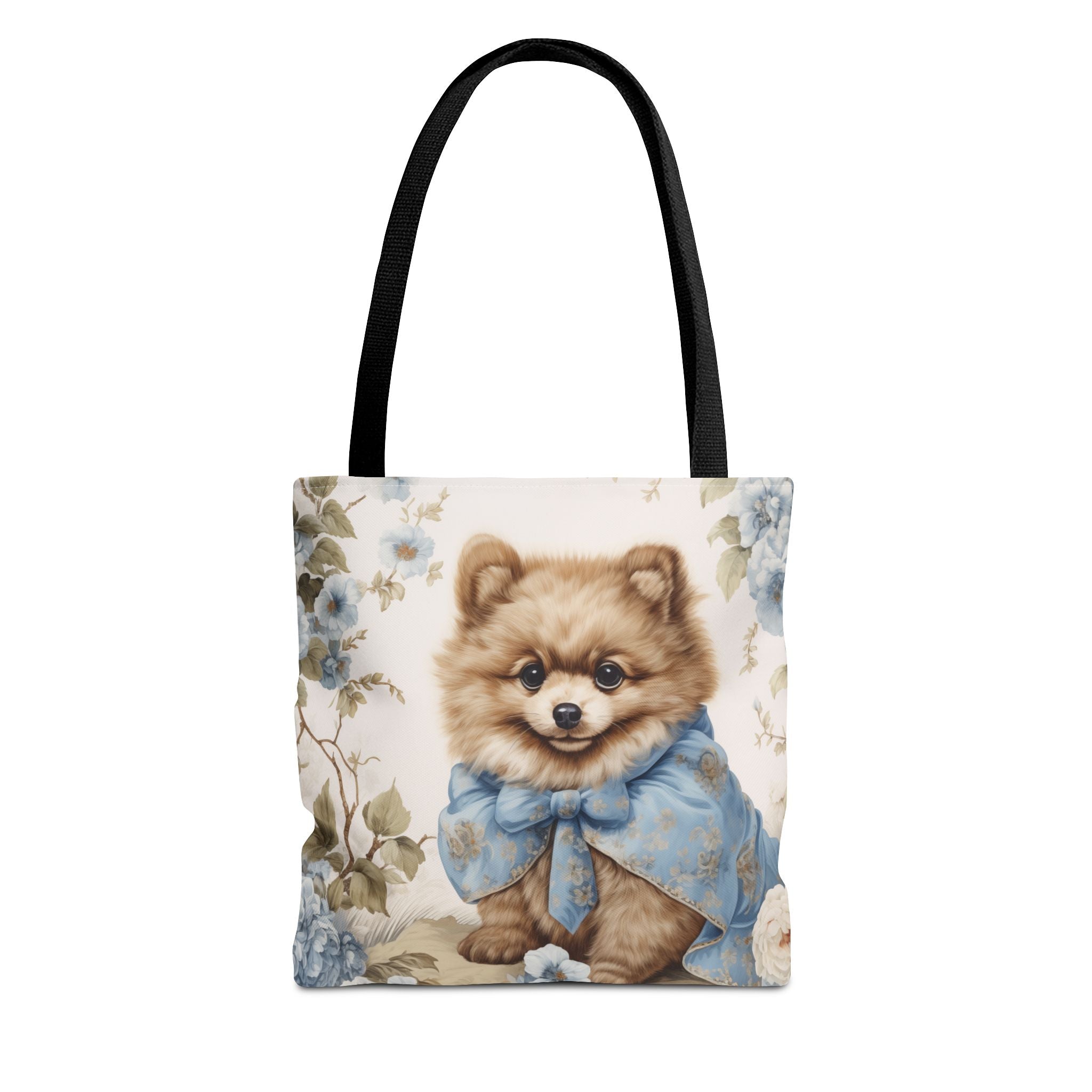 Floral Pomeranian Tote Bag with Blue Vintage Bow Design