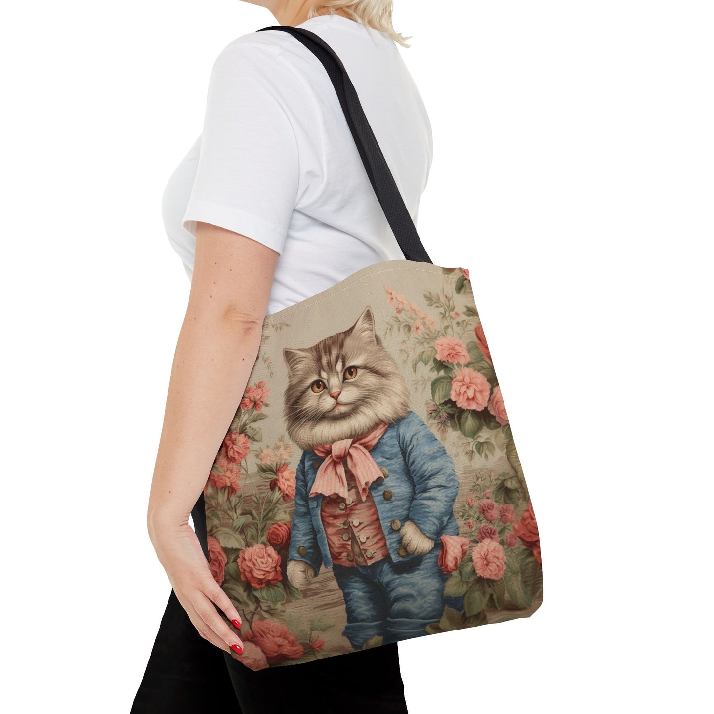 Whimsical Victorian Cat Tote Bag, Floral Eco-Friendly Canvas Bag