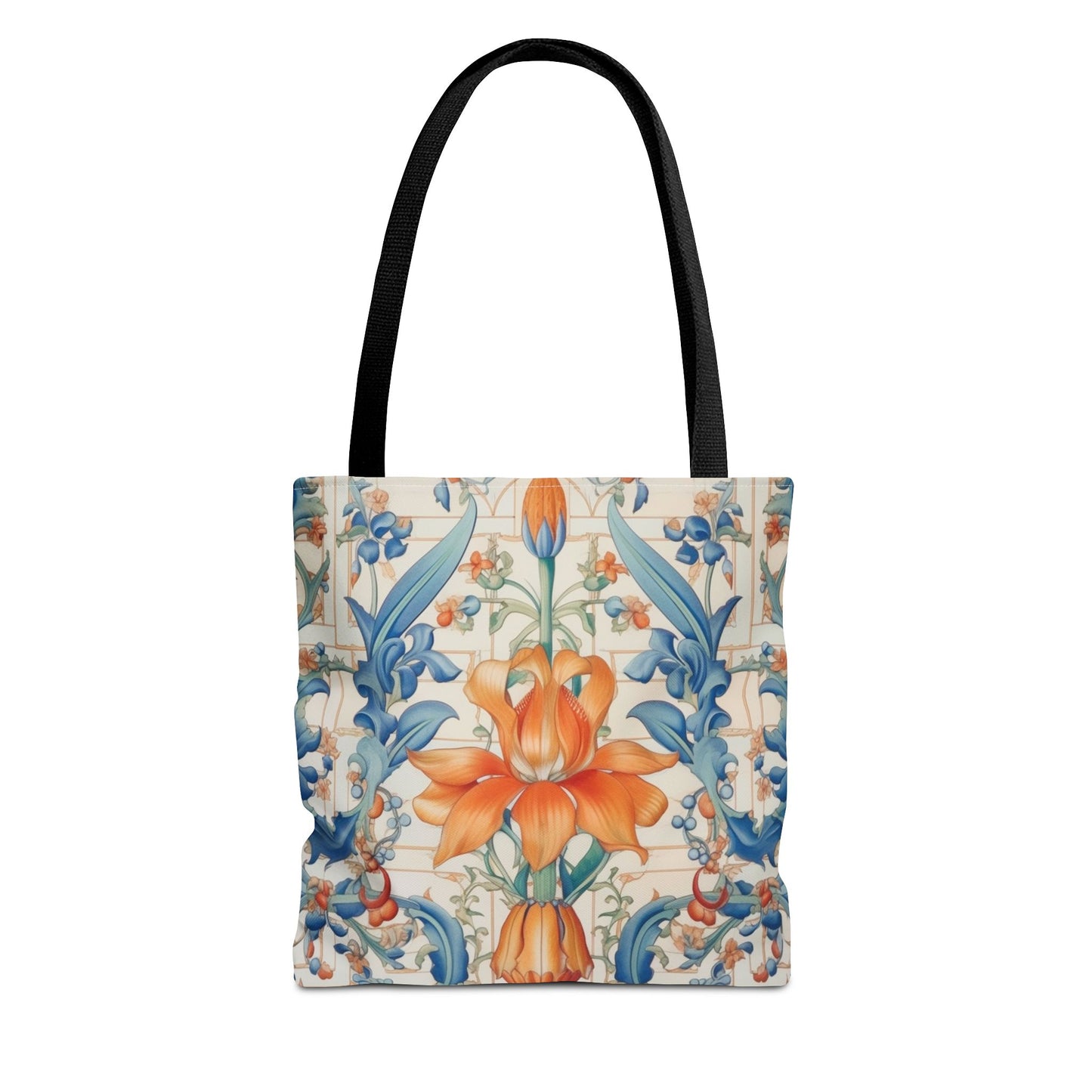 Floral Elegance Tote Bag, Vibrant Orange and Blue Reusable Shopper