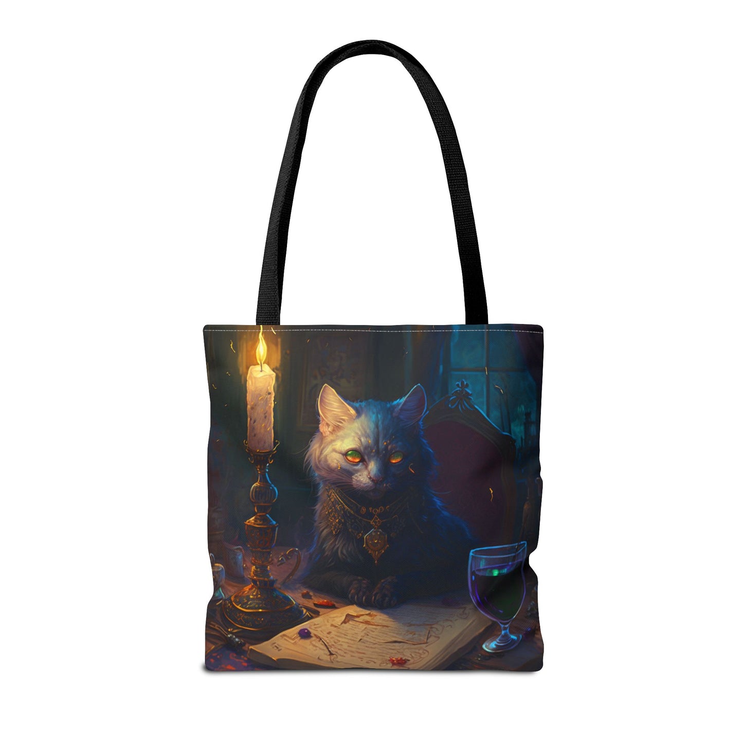 Mystical Cat Scholar Gothic Tote Bag with Candlelight Charm