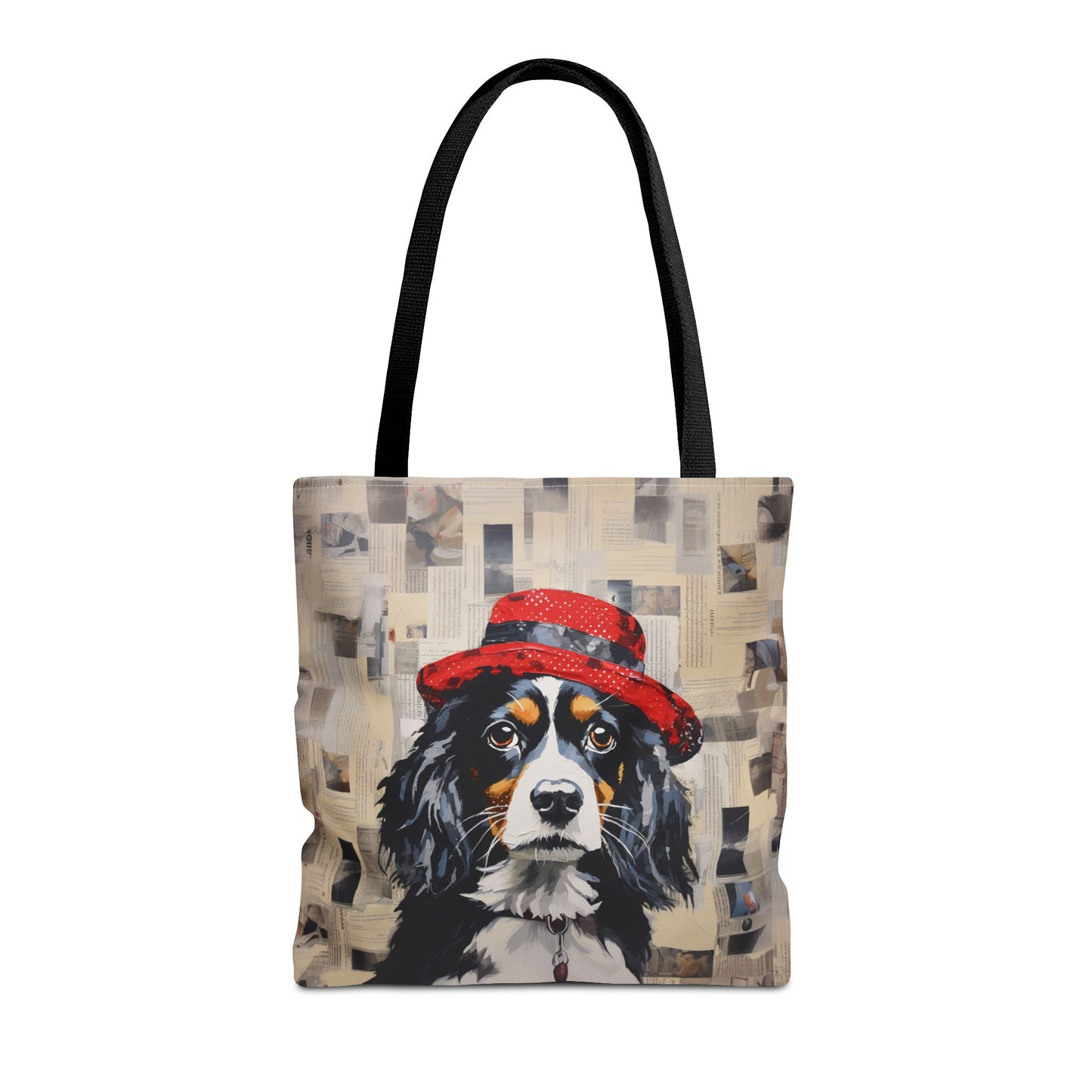 Cavalier King Charles Spaniel Tote Bag, Newsprint Design with Red Hat