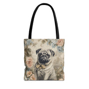 Charming Floral Pug Lover Tote Bag, Canvas Shopping & Gift Bag