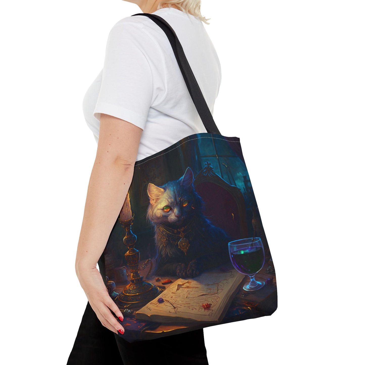 Mystical Cat Scholar Gothic Tote Bag with Candlelight Charm