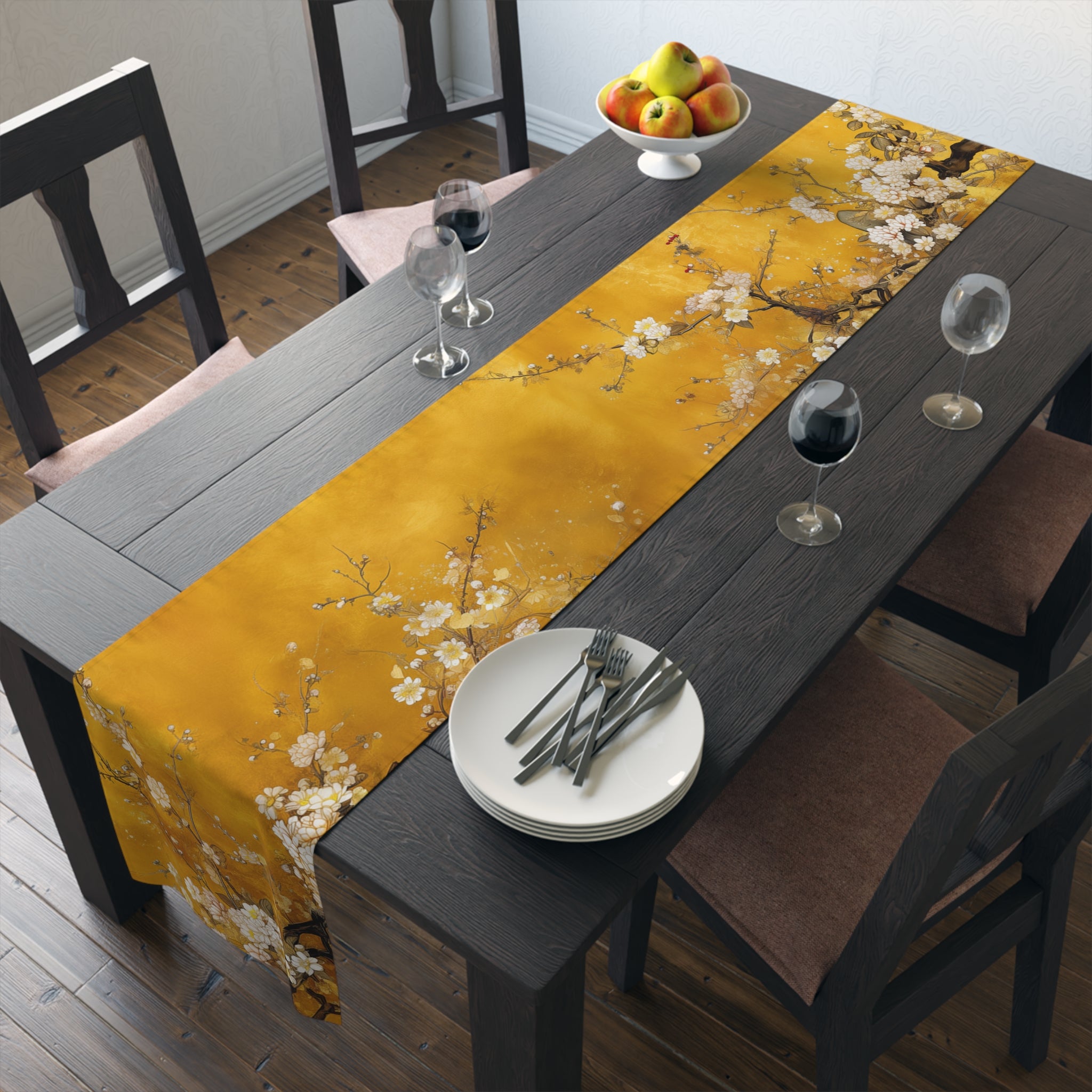 Golden Blossom Table Runner | Elegant Floral Decor (72" or 90")