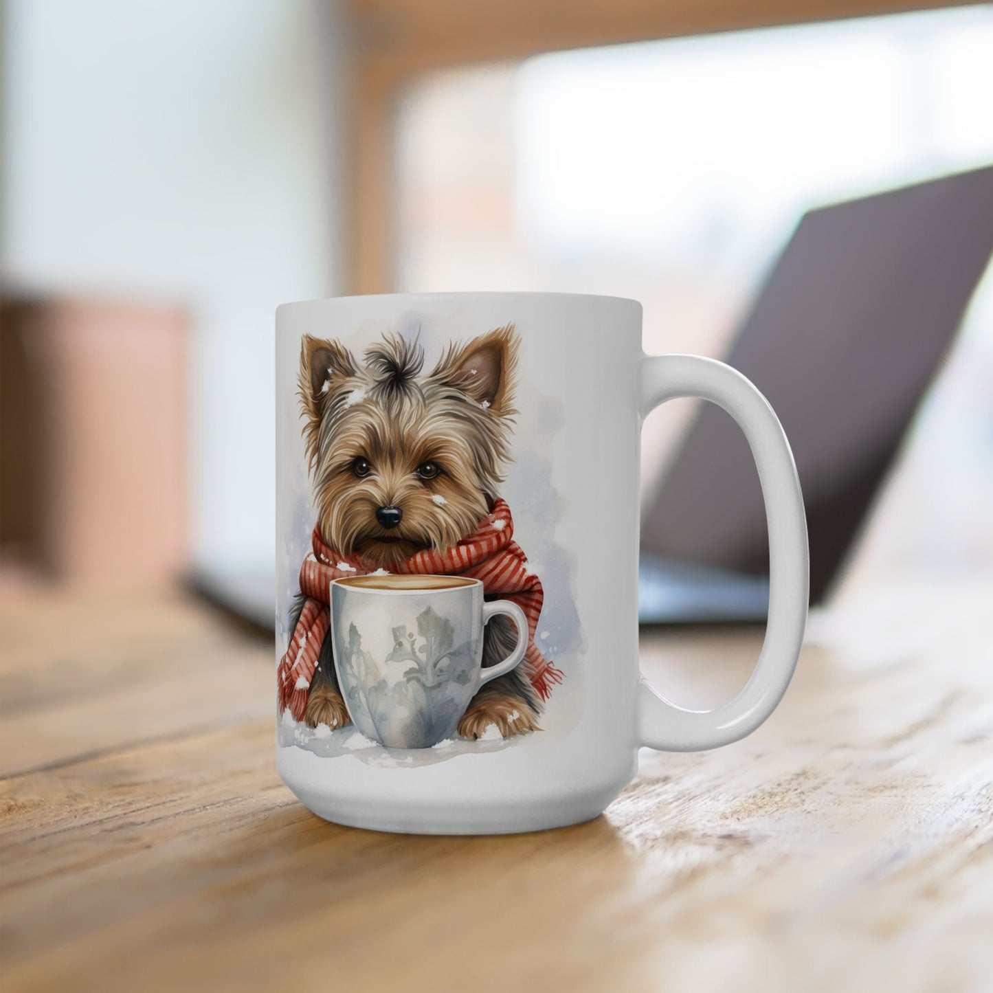 Yorkie Cozy Winter Mug with Holiday Scarf Design