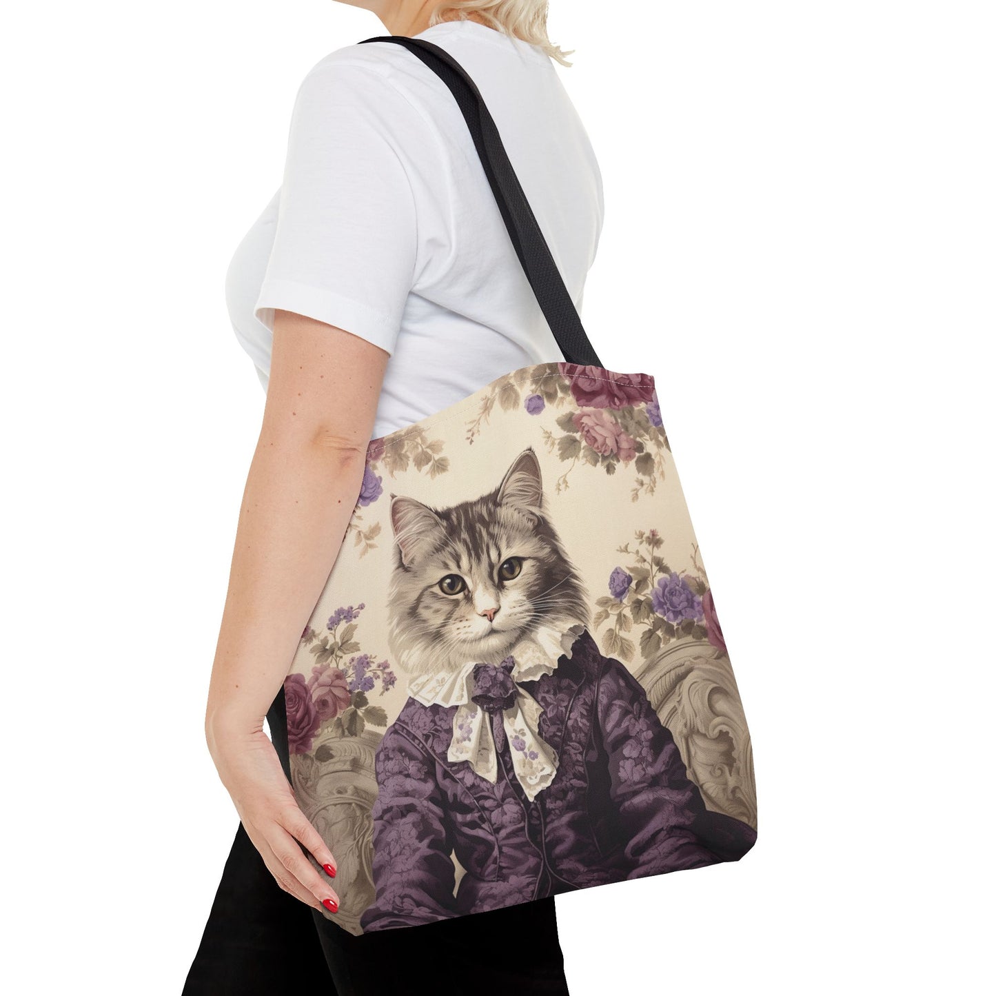 Elegant Maine Coon Cat Tote Bag, Vintage Floral Design, Eco-Friendly