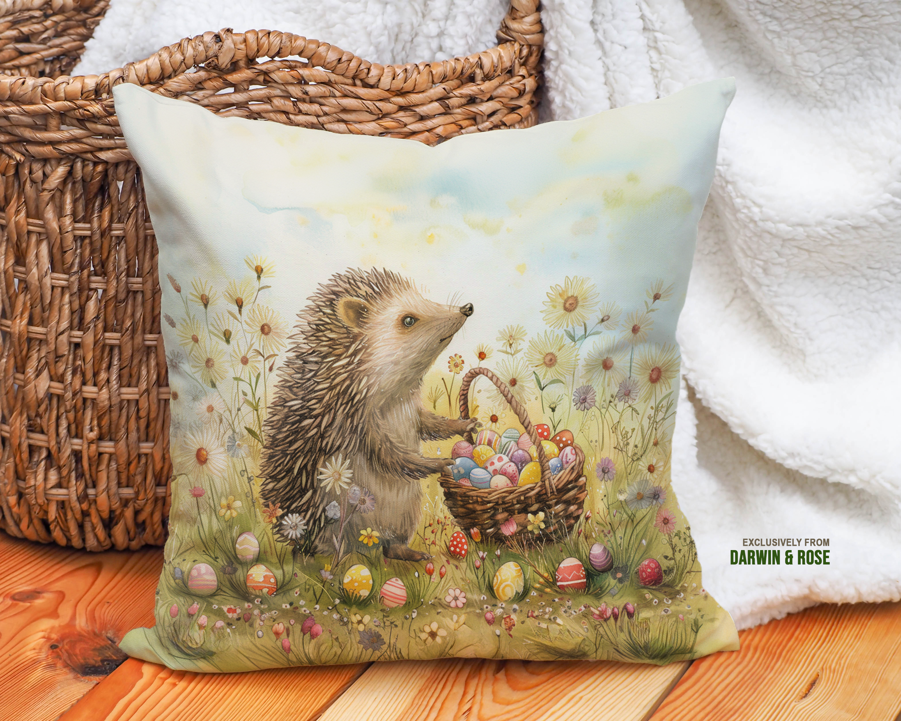 Easter Hedgehog Meadow Throw Pillow - Whimsical Spring Decor