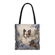 Shetland Sheepdog Floral Tote Bag, Blue Vintage Market Bag for Dog Lovers