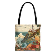 Coastal Lighthouse Canvas Tote Bag, Vintage Floral Ocean Design