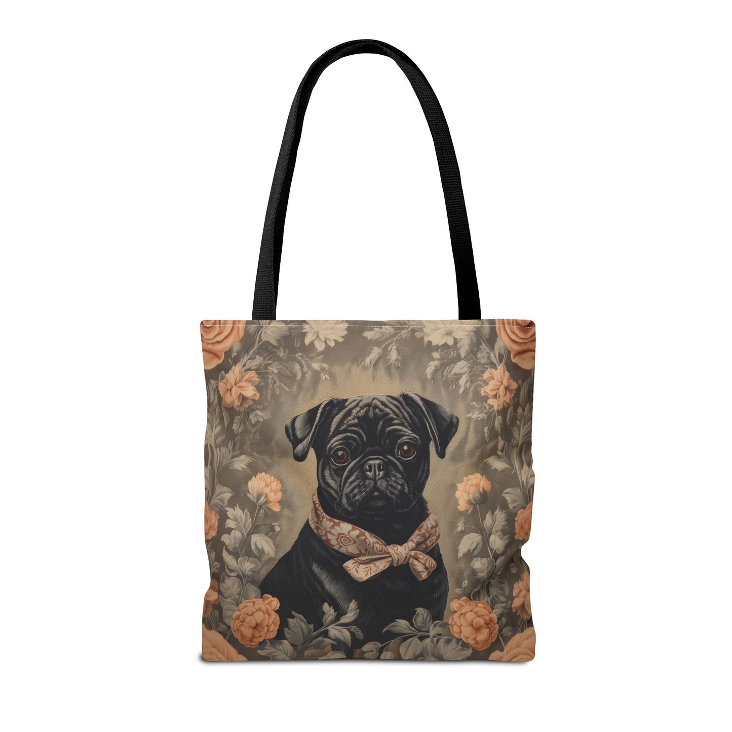 Charming Black Pug Floral Tote Bag with Elegant Bowtie Design