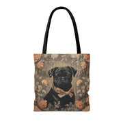 Charming Black Pug Floral Tote Bag with Elegant Bowtie Design