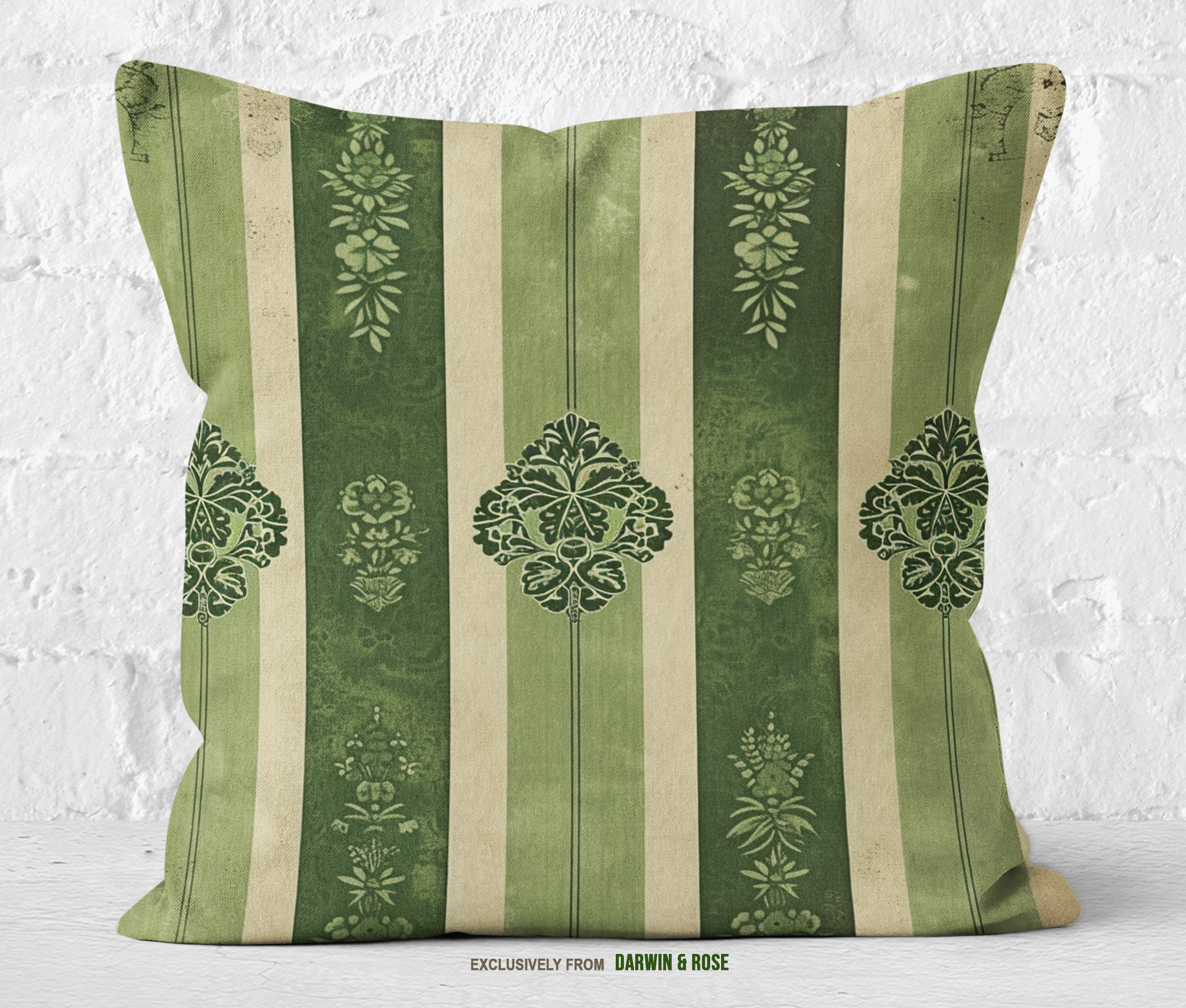 Vintage Green Striped Damask Throw Pillow - Classic Farmhouse Style