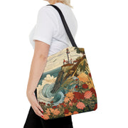 Coastal Lighthouse Canvas Tote Bag, Vintage Floral Ocean Design