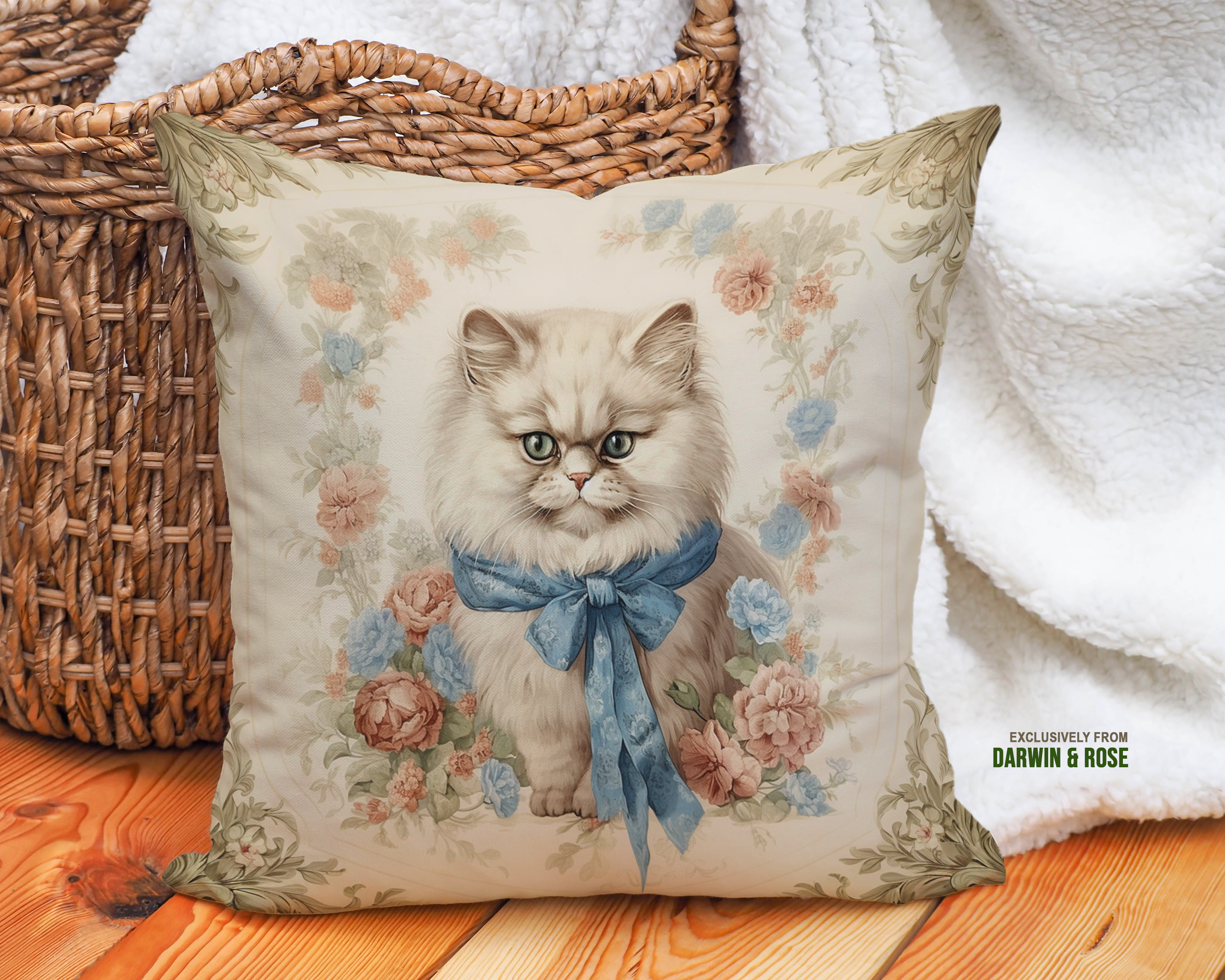 Vintage Floral Persian Cat Throw Pillow - Victorian Cottagecore Décor