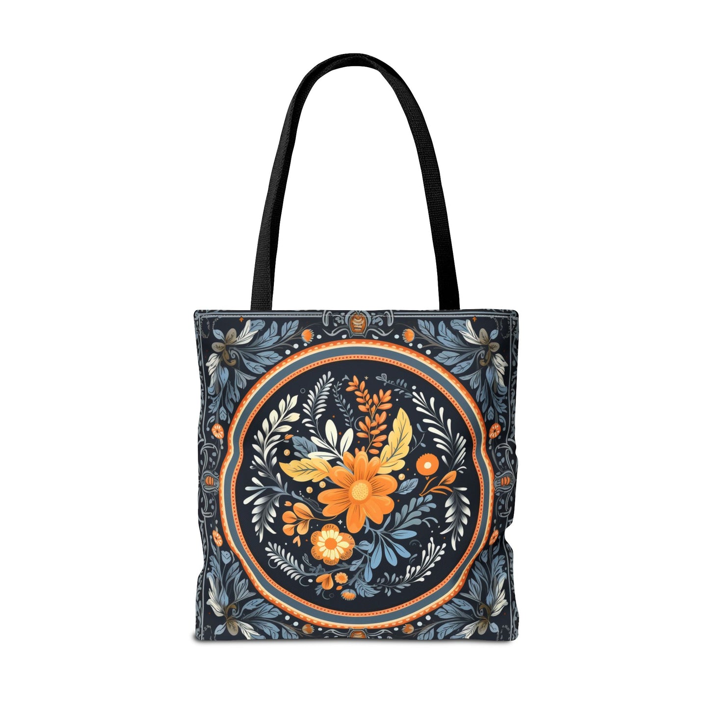 Elegant Botanical Tote Bag with Orange and Blue Floral Design