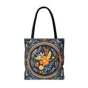 Elegant Botanical Tote Bag with Orange and Blue Floral Design