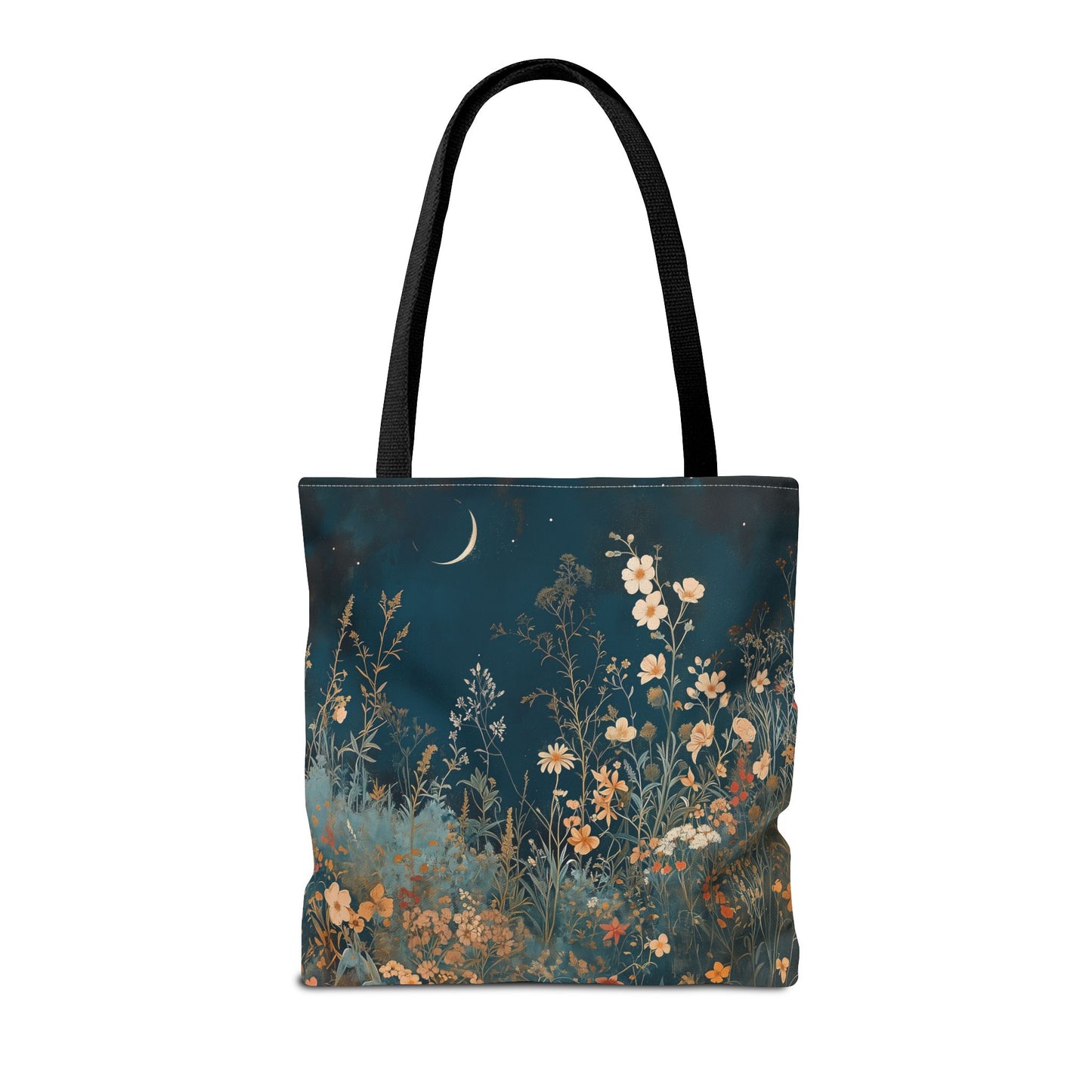 Nocturnal Bloom Crescent Moon Canvas Tote Bag, Floral Eco-Friendly Gift