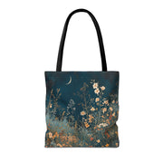 Nocturnal Bloom Crescent Moon Canvas Tote Bag, Floral Eco-Friendly Gift