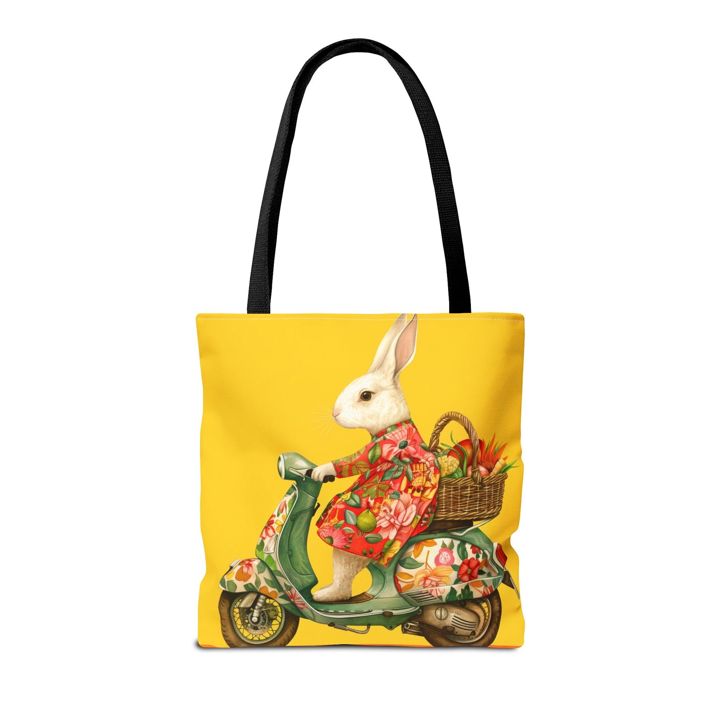 Bunny on Floral Scooter Tote Bag, Vibrant Eco-Friendly Shopping Tote