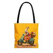 Bunny on Scooter Flower Tote Bag, Vibrant Artistic Market Bag