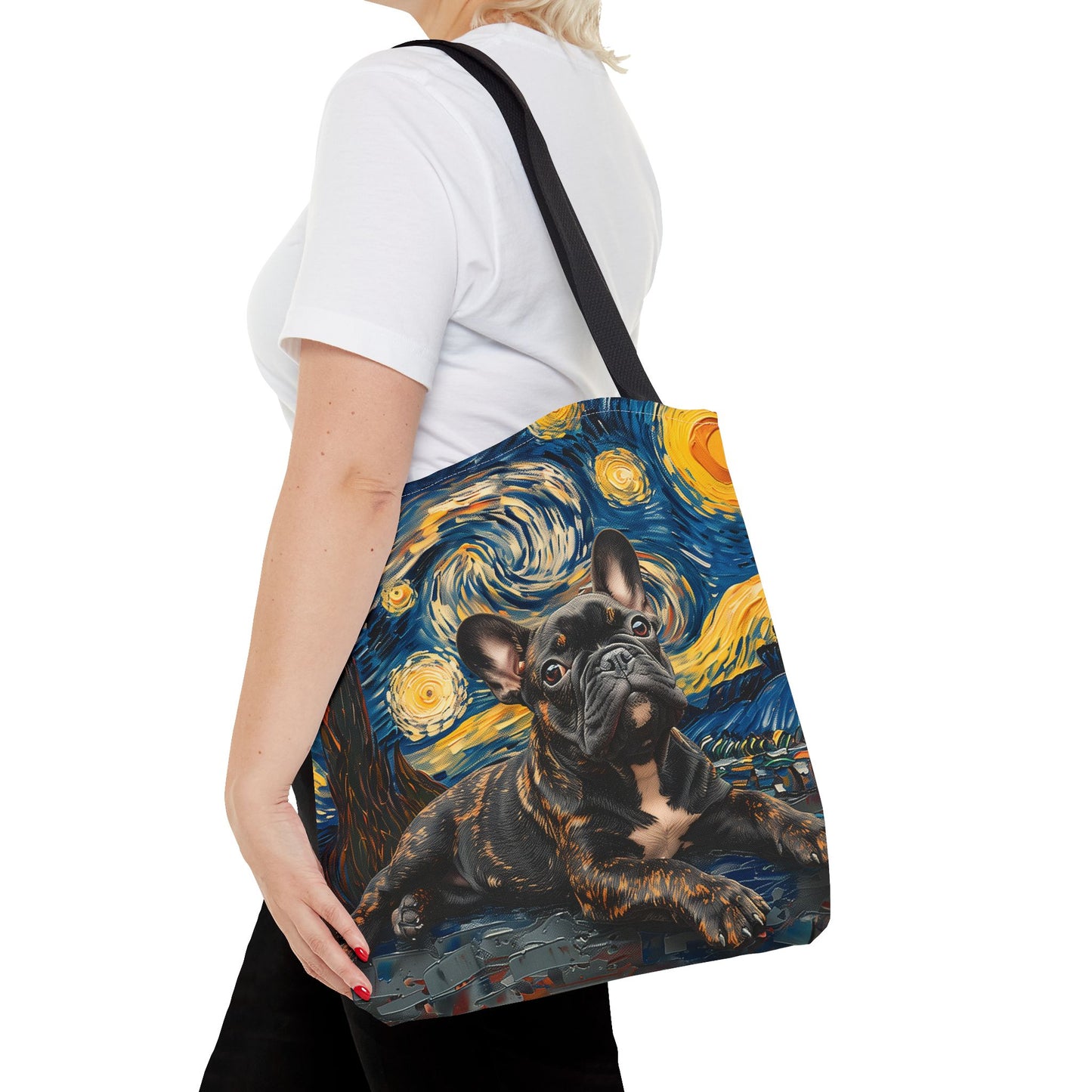 Brindle French Bulldog Starry Night Canvas Tote Bag, Eco-Friendly Gift