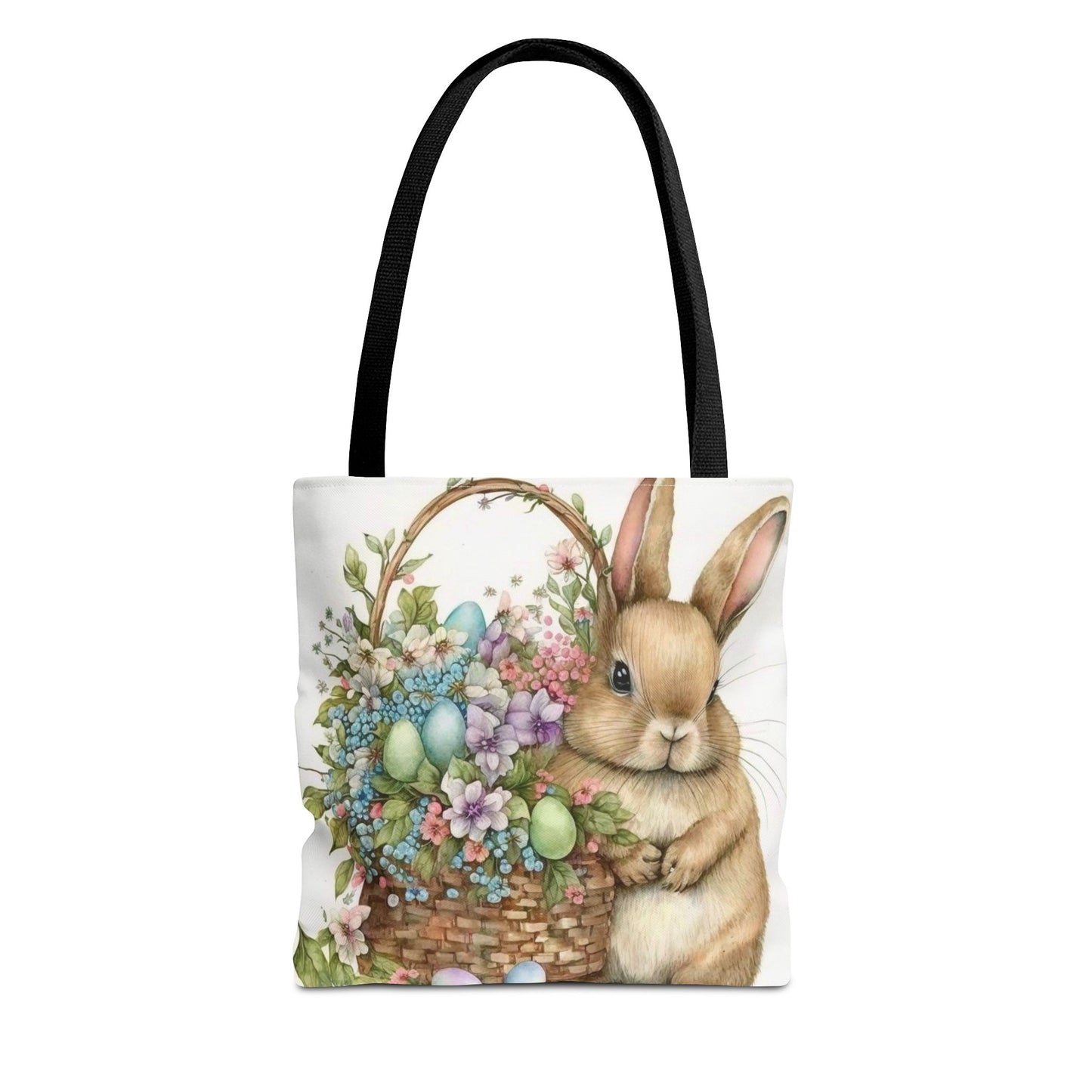 Charming Bunny Easter Tote Bag with Flowers and Painted Eggs