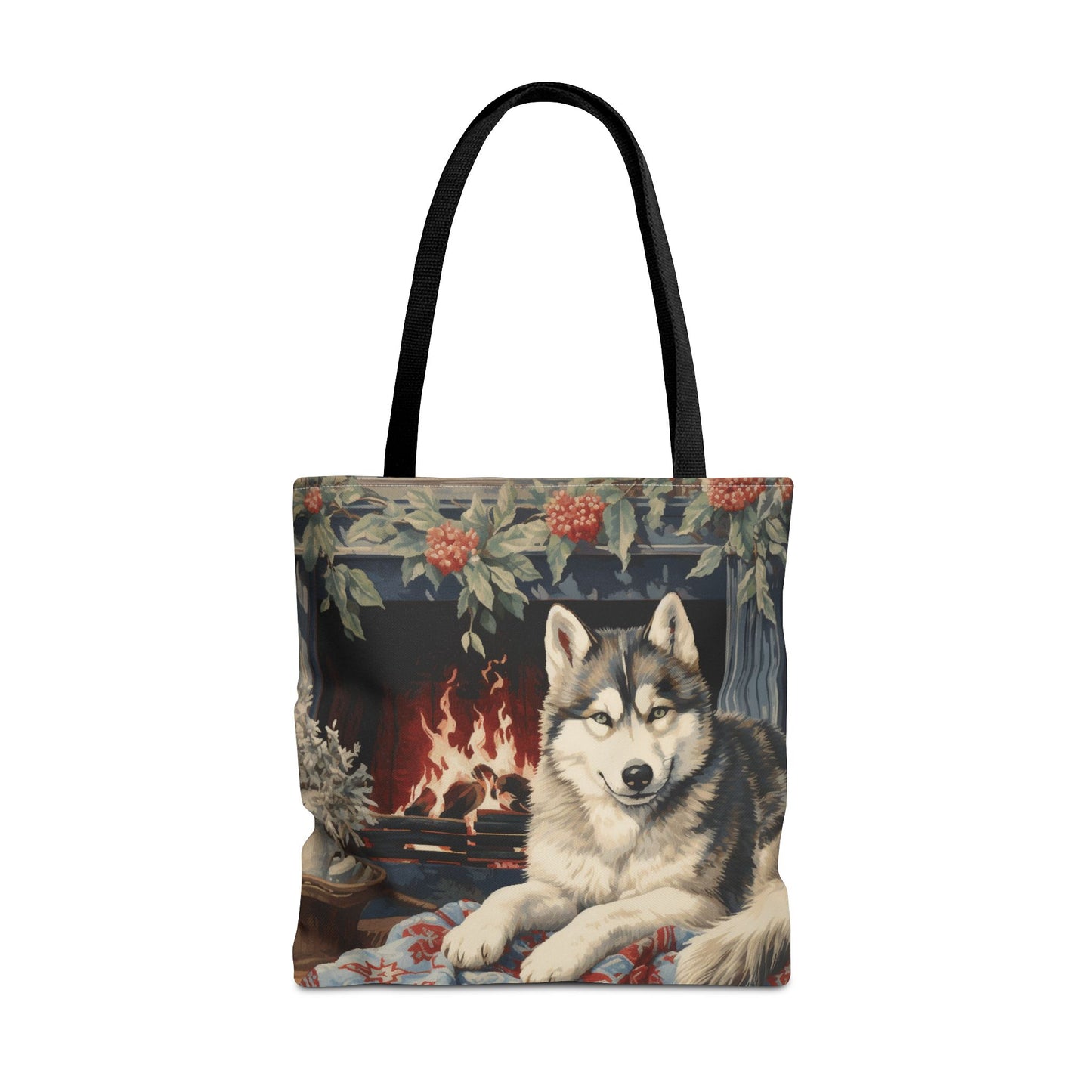 Siberian Husky Holiday Fireside Tote, Cozy Winter Canvas Bag