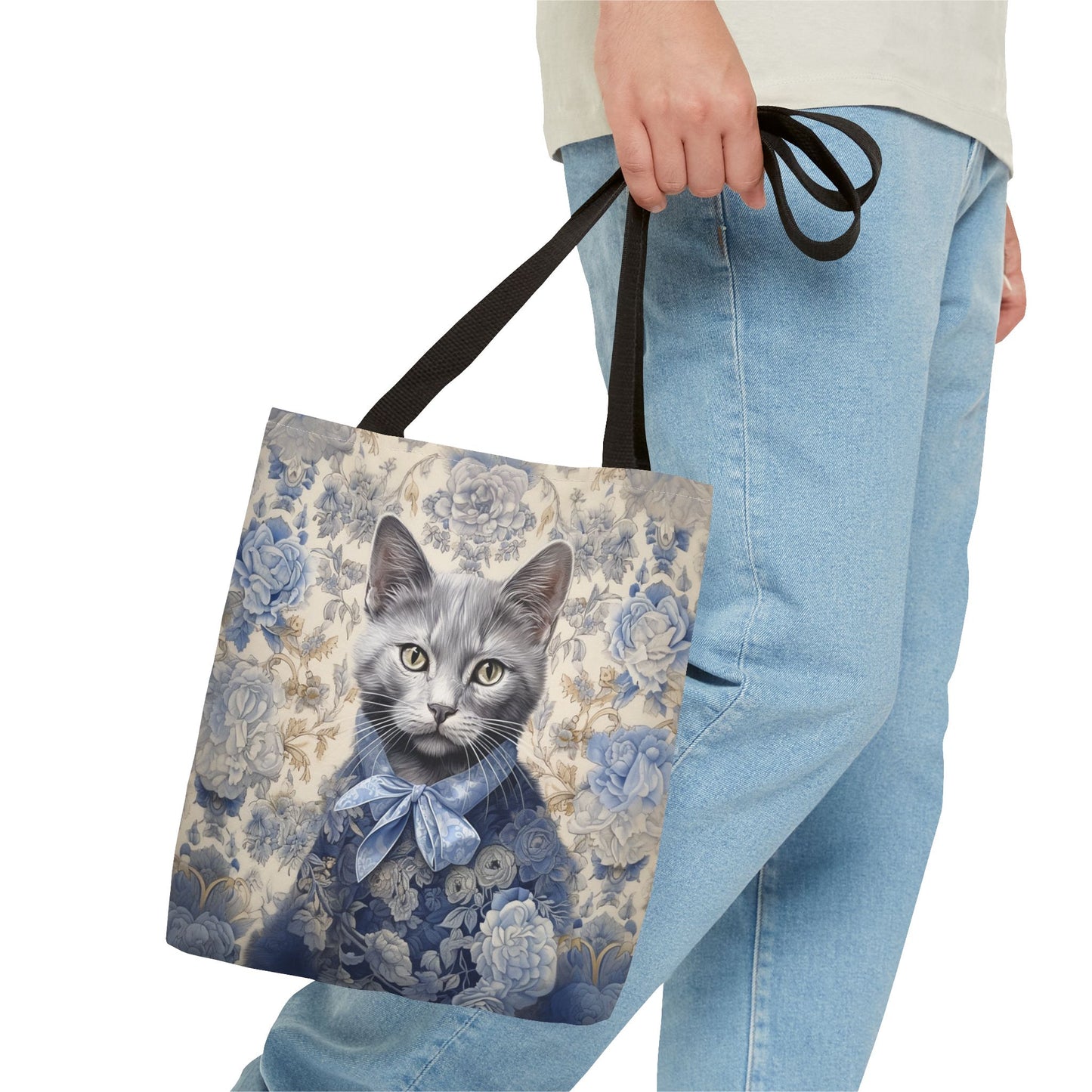 Russian Blue Cat Floral Tote Bag, Elegant Eco-Friendly Shopper