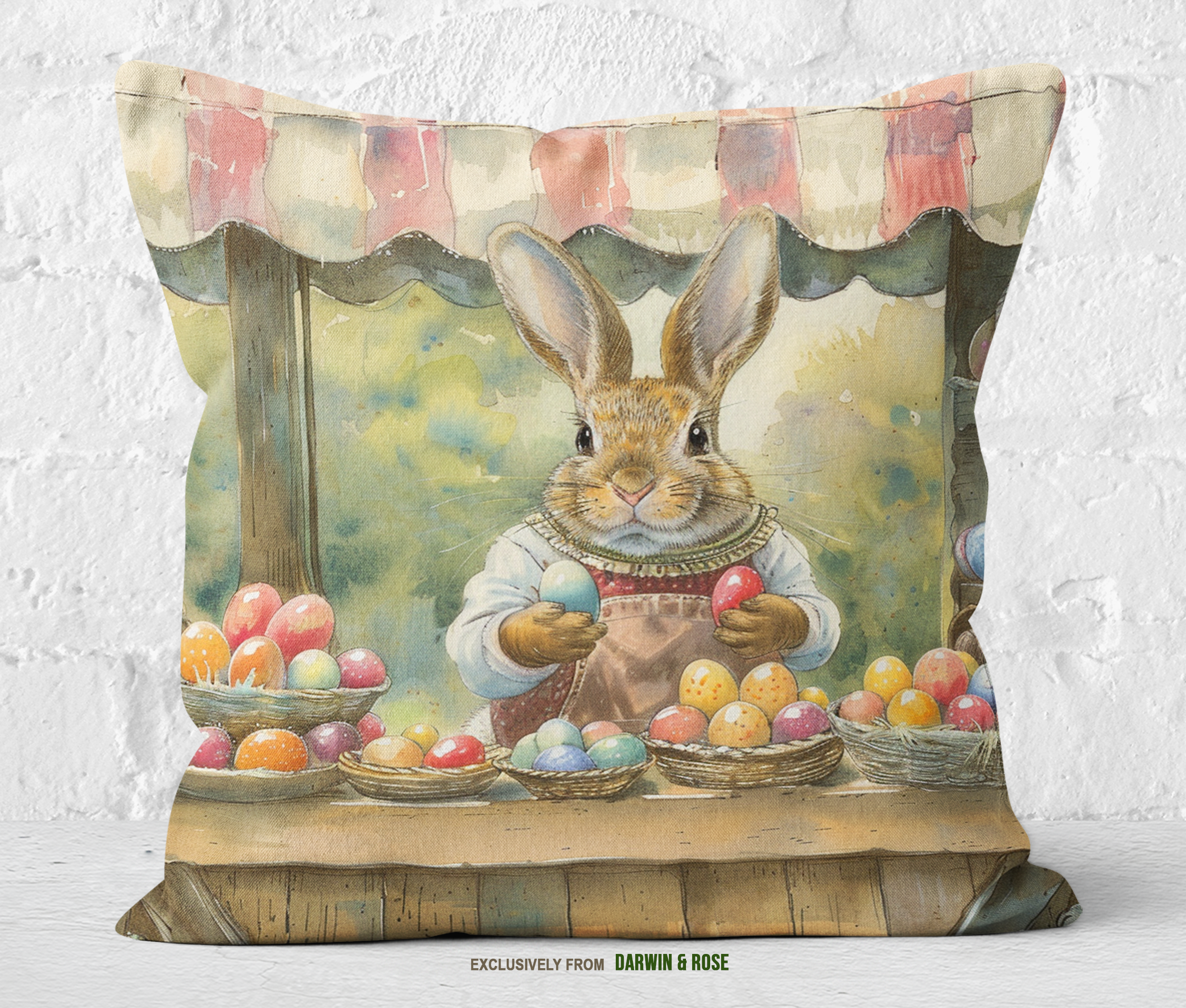 Easter Bunny Watercolor Market Throw Pillow - Farmhouse Spring Decor