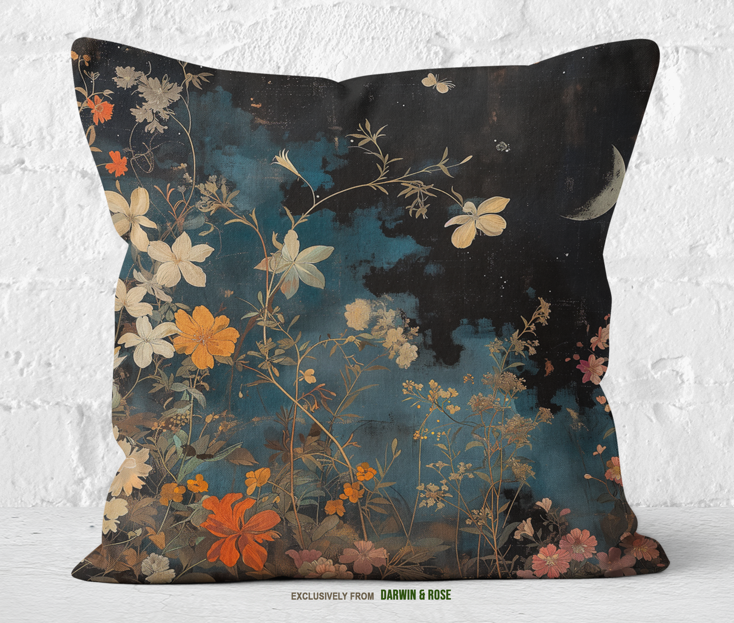 Moonlit Boho Floral Night Throw Pillow