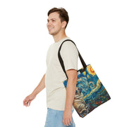 Starry Pug Canvas Tote Bag - Artistic Van Gogh-Inspired Design