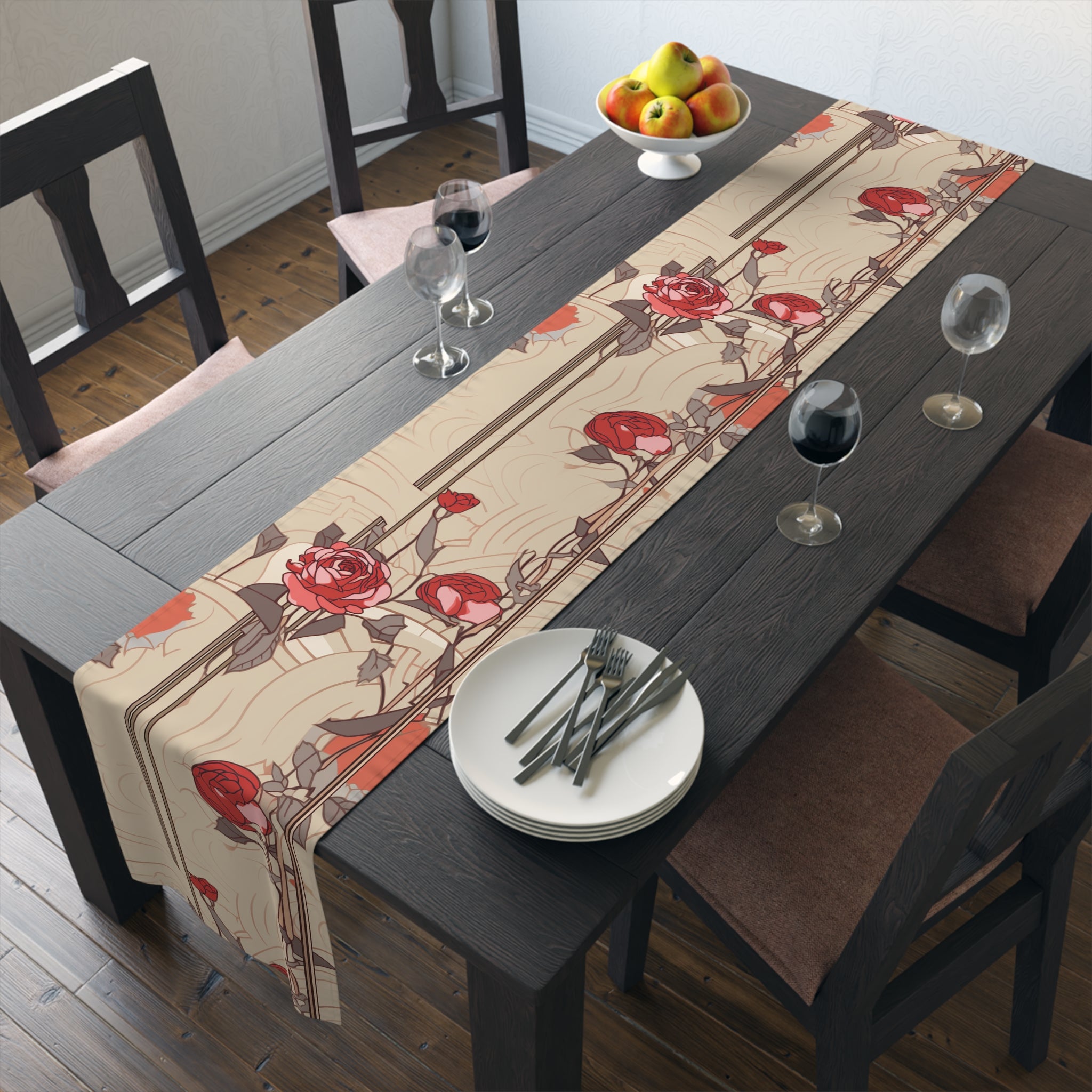 Art Nouveau Rose Table Runner | Red, Beige, and Brown Floral Décor (72" or 90")