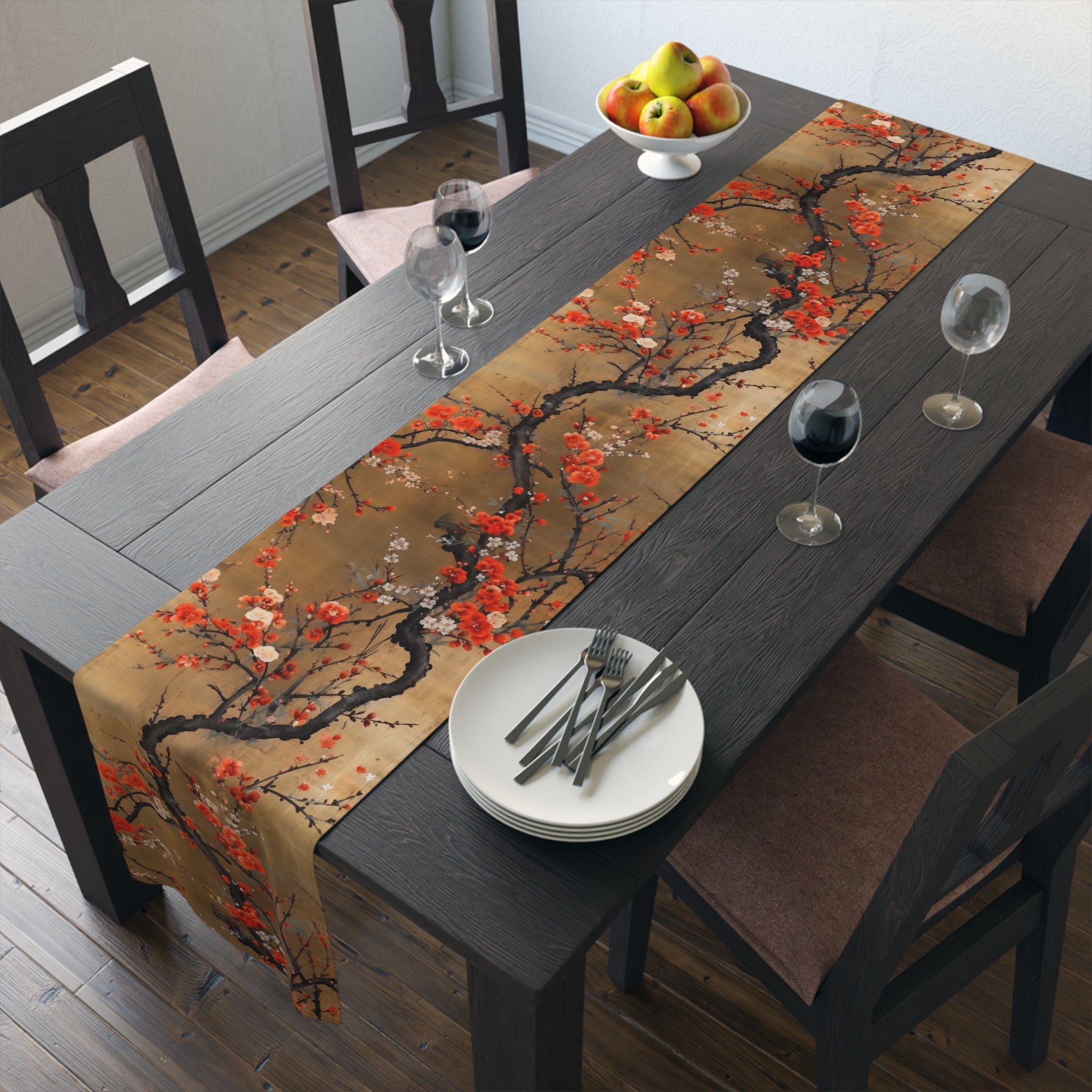 Golden Plum Blossom Table Runner | Red, Gold, and Black Design (72" or 90")